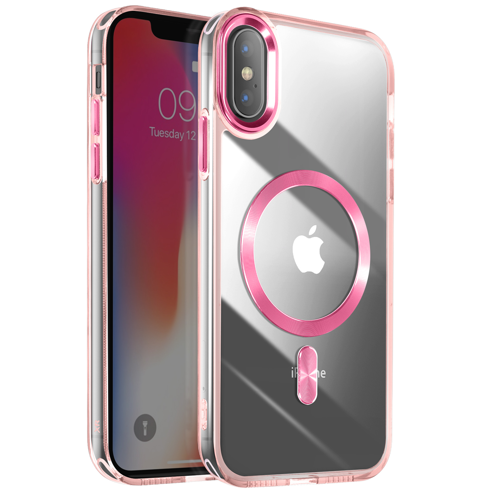 Custodia rosa per telefono con logo Apple. È presente un anello magnetico. Il telefono è all'interno di una custodia.
