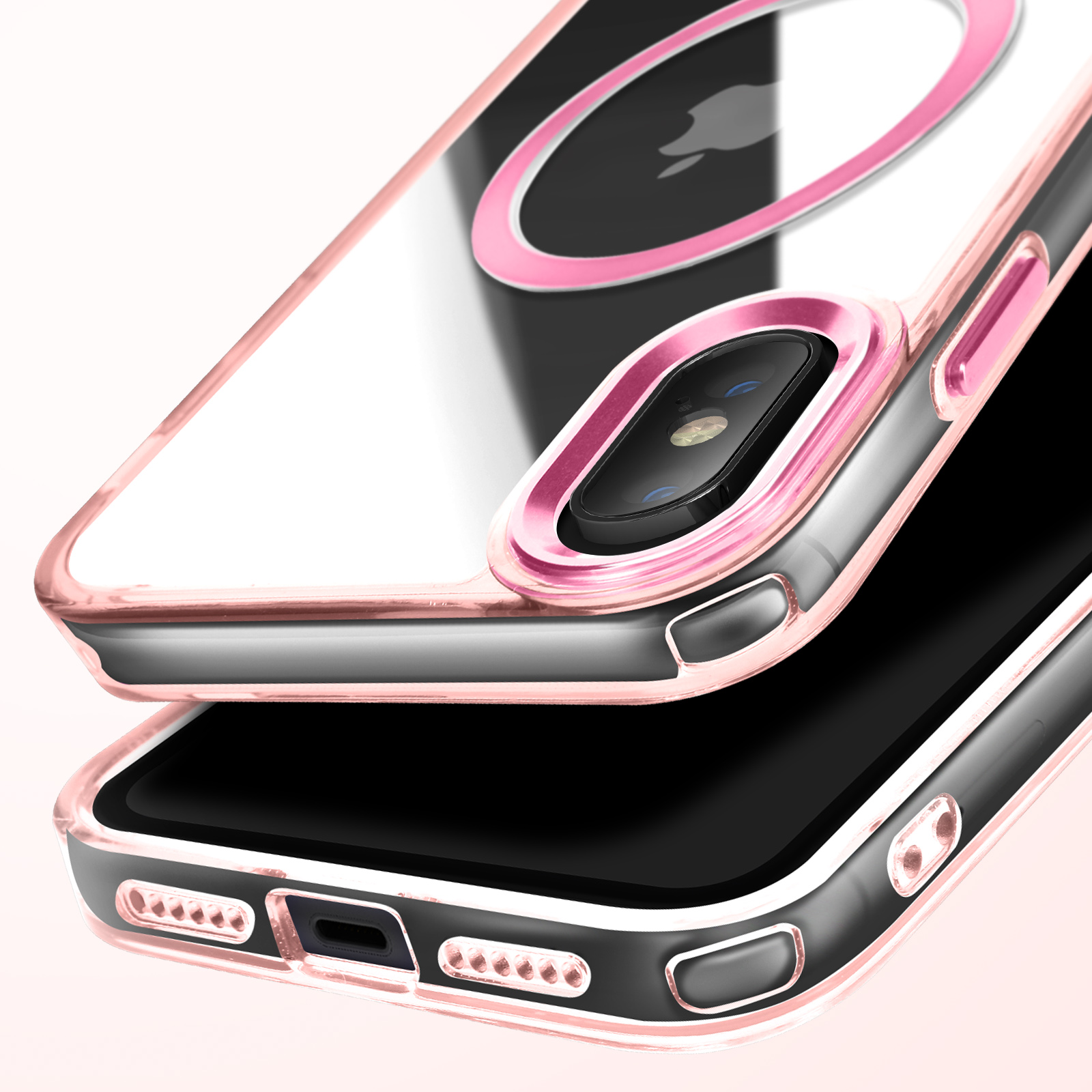 Due custodie per telefono, una aperta, che mostra l'area della fotocamera con anello rosa.