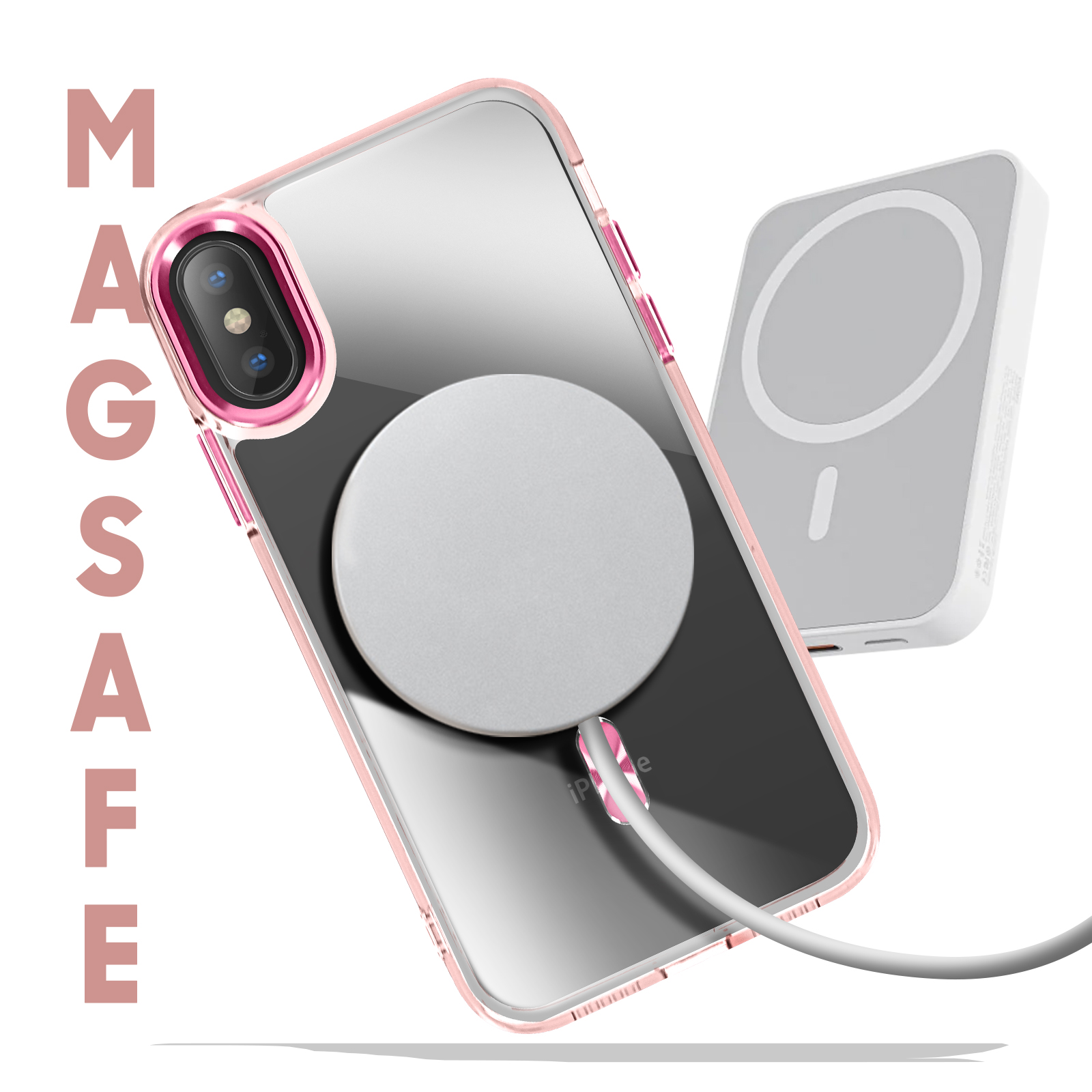 Custodia rosa per telefono con MagSafe, caricabatterie bianco e la parola MAGSAFE.