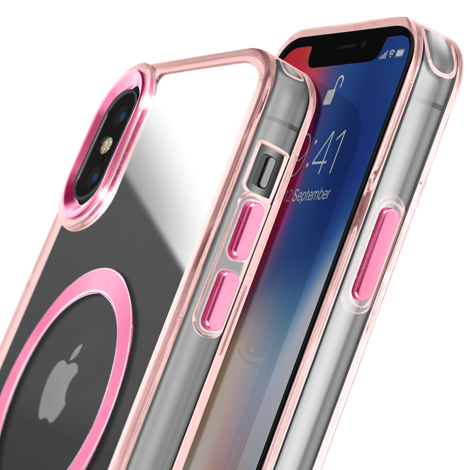 Custodia iPhone con cornice rosa che mostra l'ora. Logo Apple visibile.