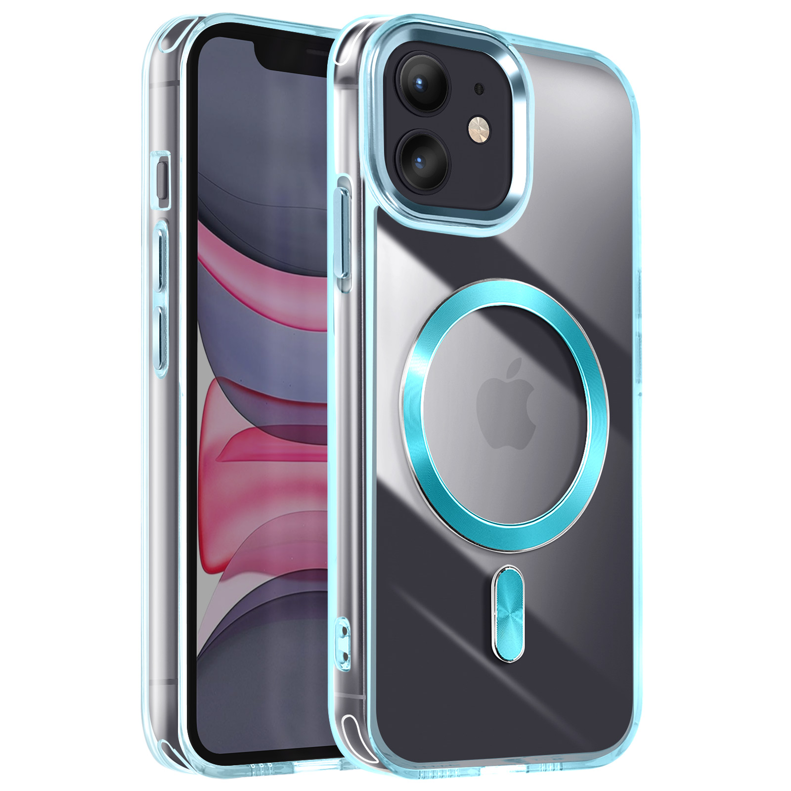 Custodia trasparente per iPhone con anello magnetico blu. Il telefono è visibile.