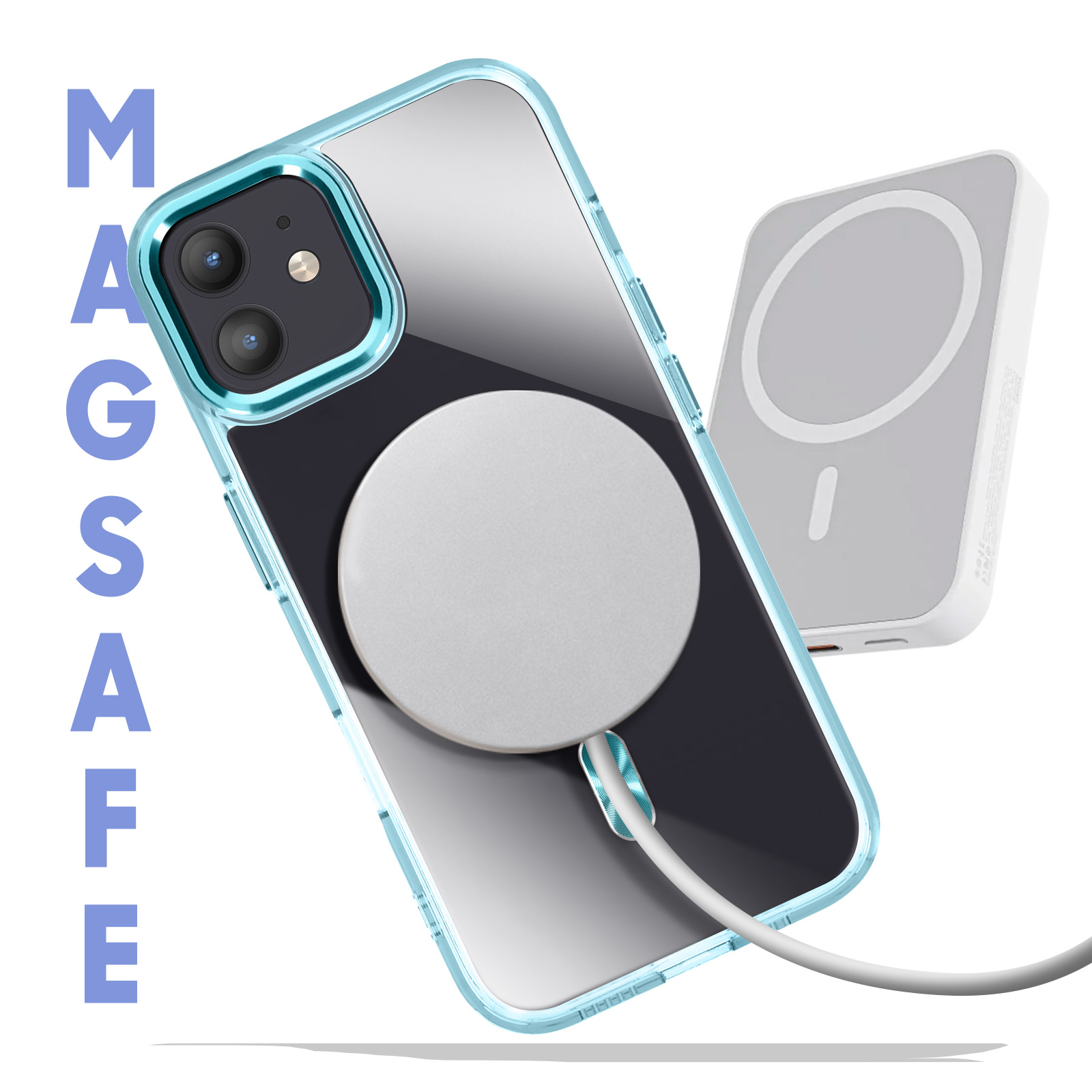 iPhone con custodia trasparente con bordi blu, collegato a un caricatore MagSafe, con testo 'MAGSAFE'.
