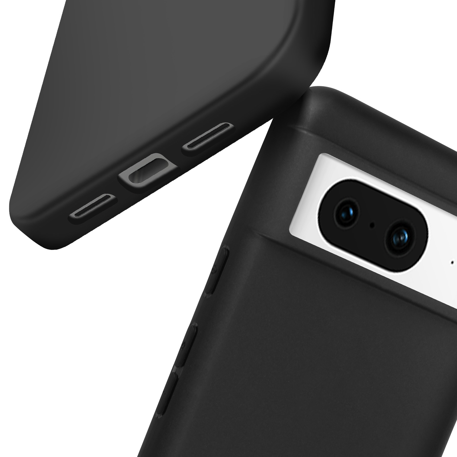 Custodia nera per telefono con ritaglio per fotocamera e sfondo bianco. La custodia è aperta.