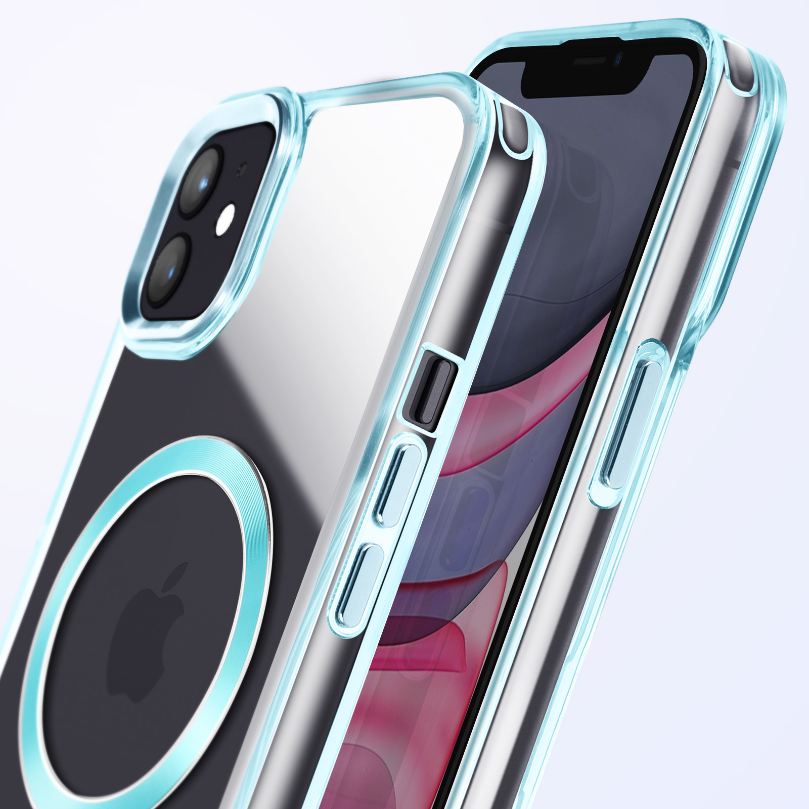 Custodia per telefono con un design trasparente e blu. Il telefono e la custodia sono in vista.