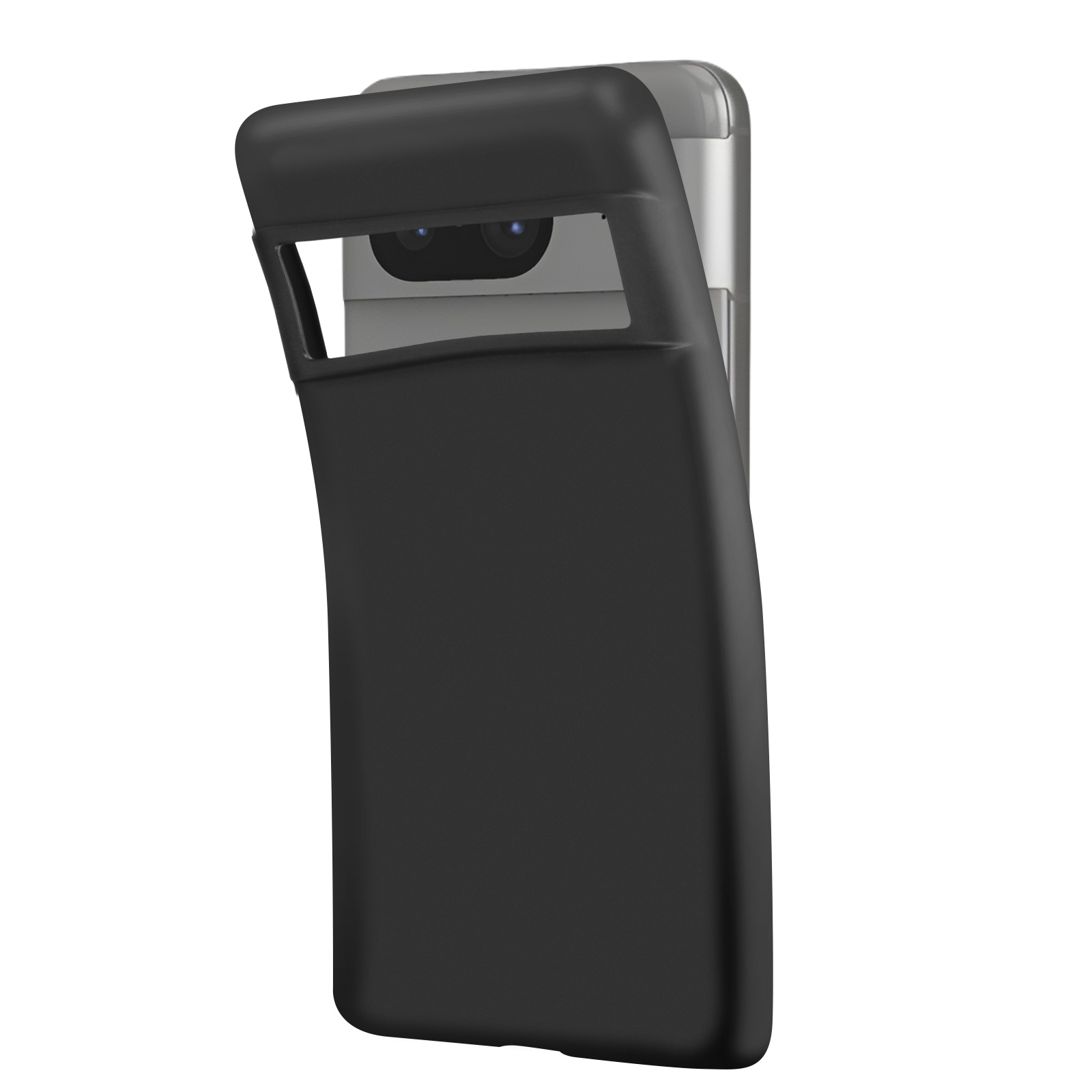 Custodia nera per telefono su un telefono con ritagli per la fotocamera. La custodia copre il telefono.