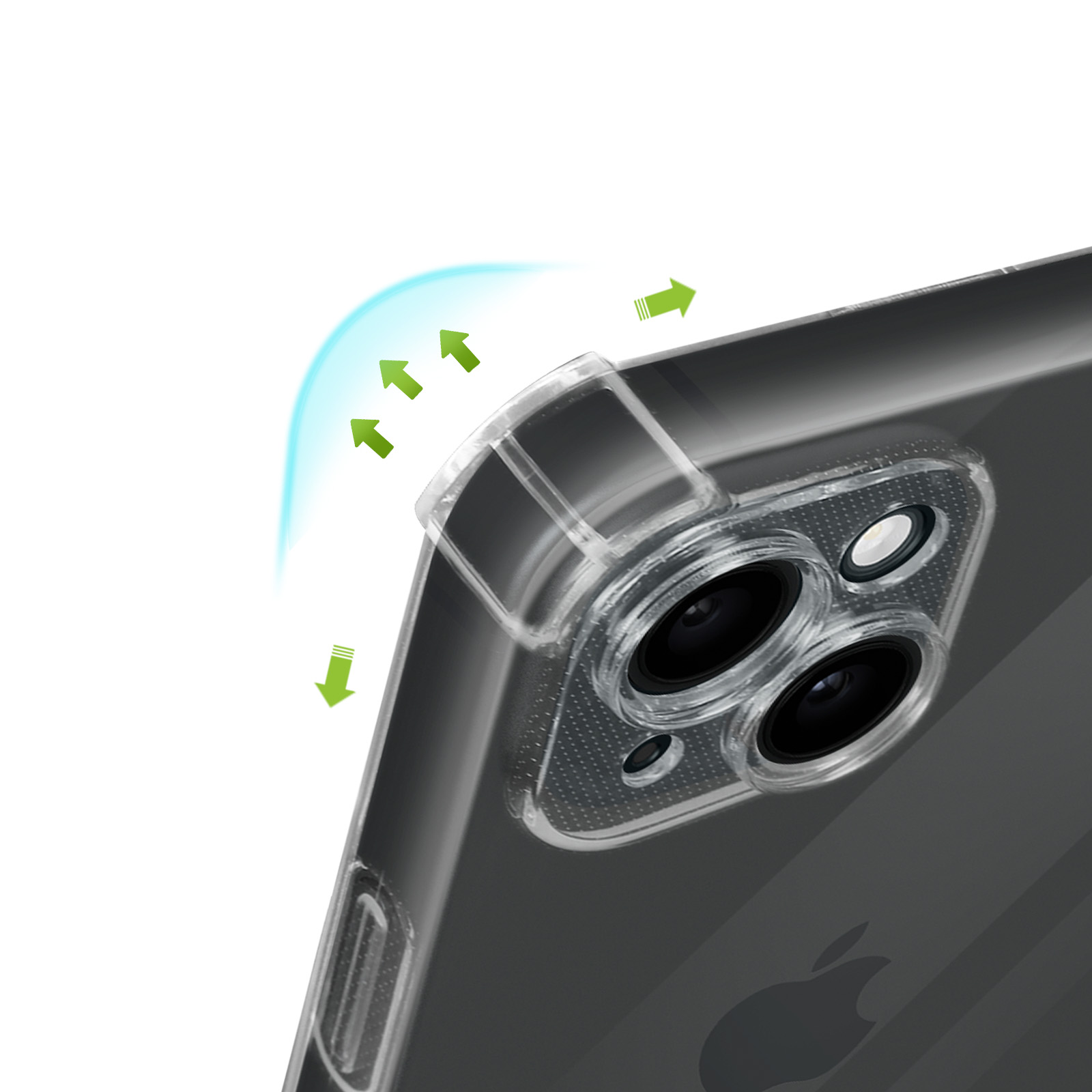 Una custodia trasparente per telefono con protezione per l'obiettivo della fotocamera e frecce verdi che mostrano la protezione.
