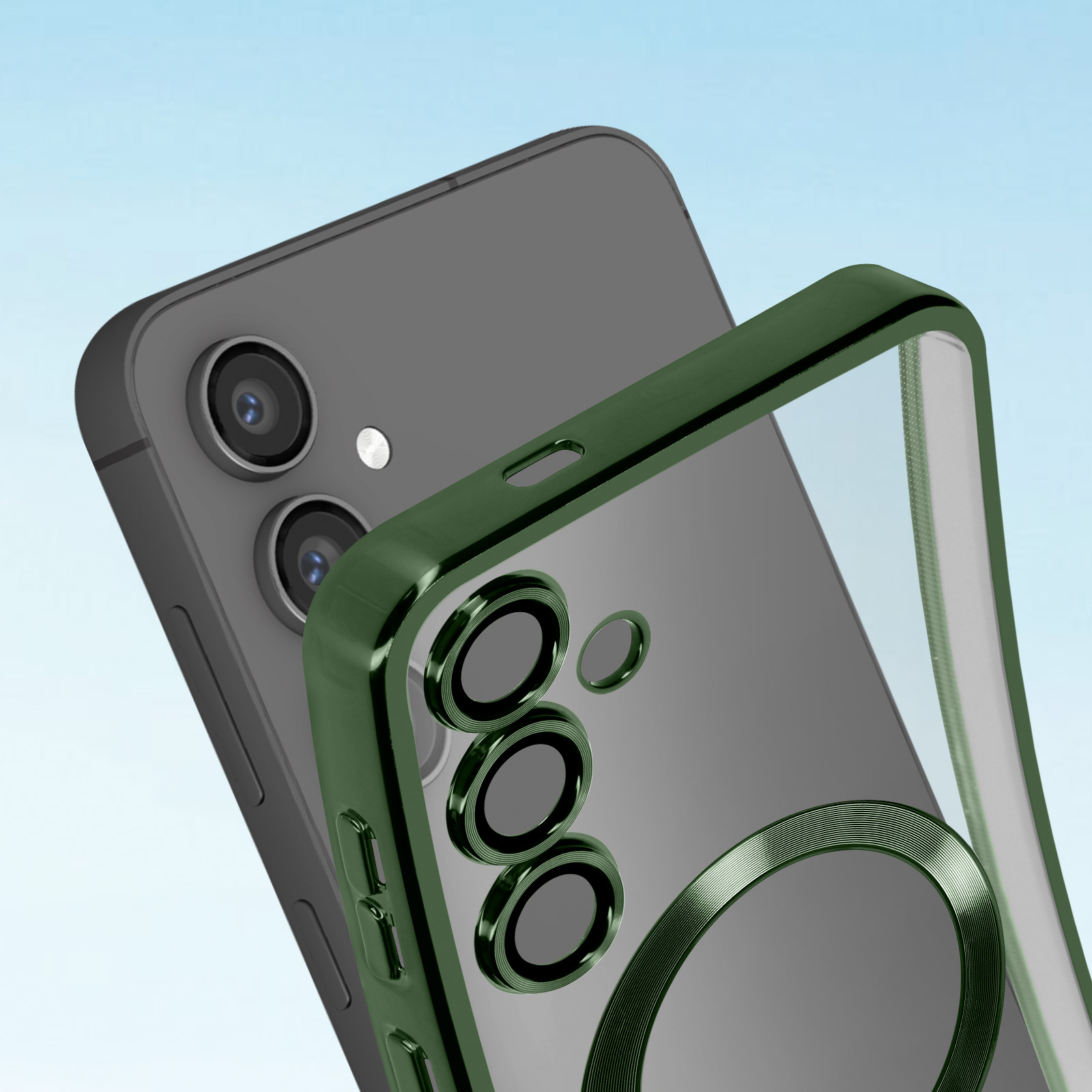 Grüne Handyhülle um Telefon. Blauer Hintergrund.