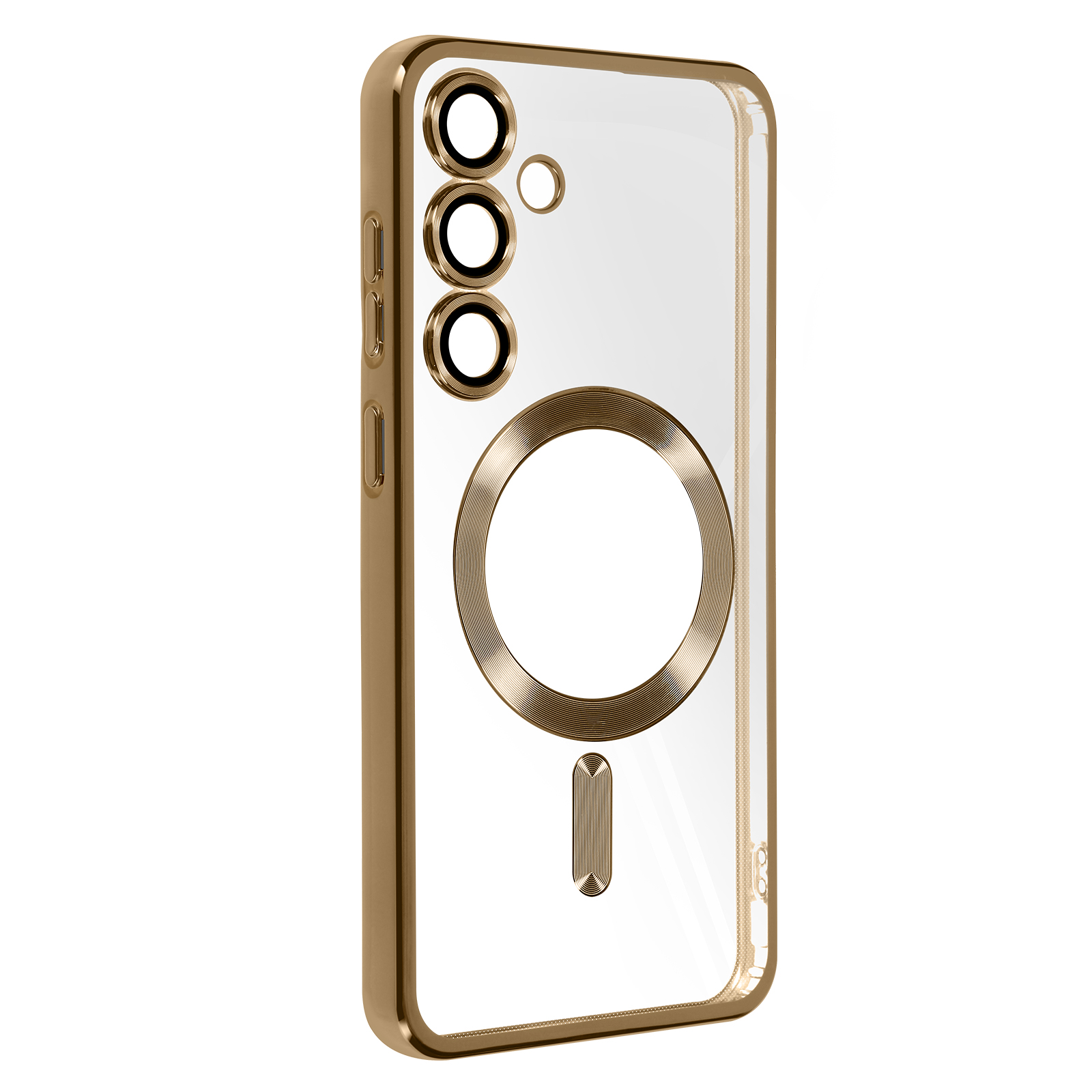Transparente Handyhülle mit goldfarbenem Rand und goldenem Kreis. Kameraausschnitt.