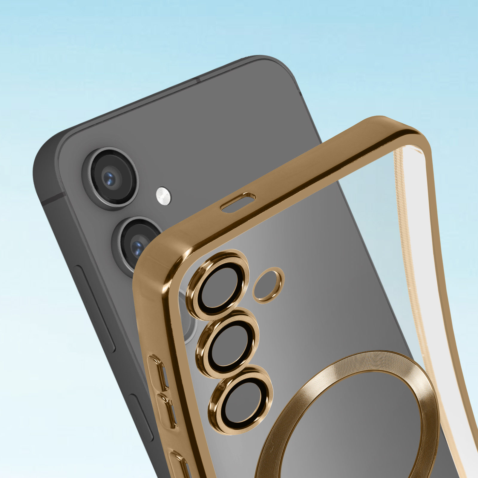 Telefon mit klarer Hülle und goldenem Rahmen, zeigt die Rückseite mit Kameras und Ring.