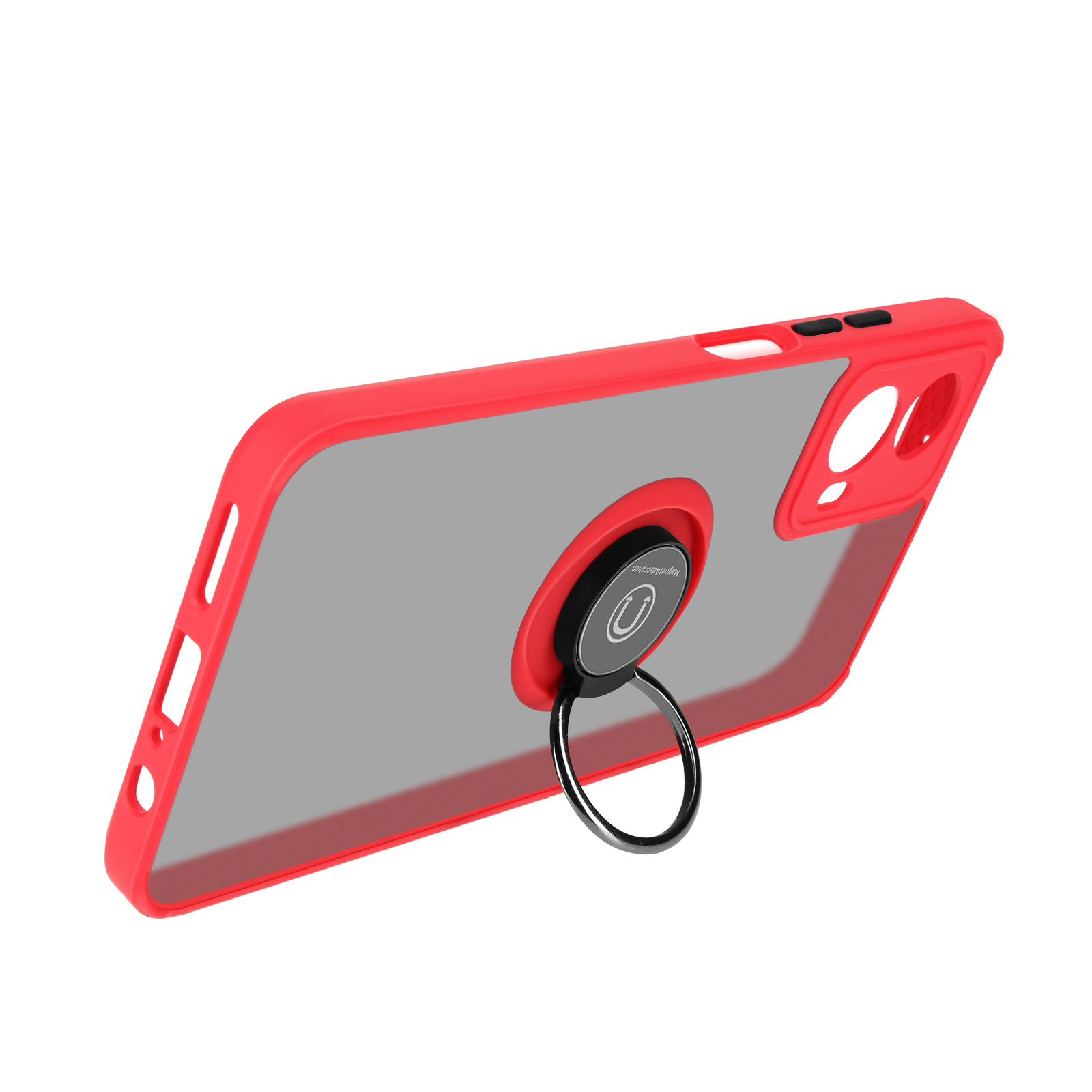 Custodia rossa per telefono con supporto ad anello. Sfondo bianco.