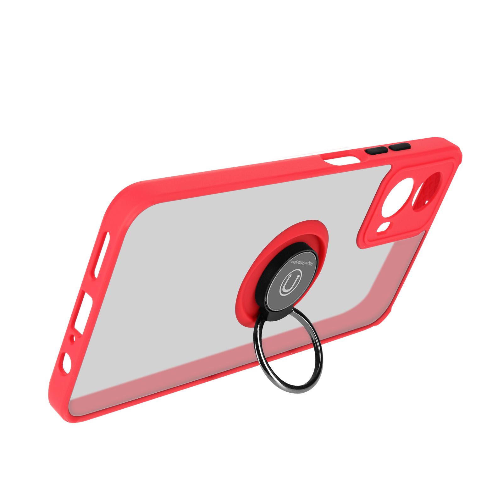 Custodia rossa per telefono con supporto ad anello. Lo sfondo è una superficie bianca.