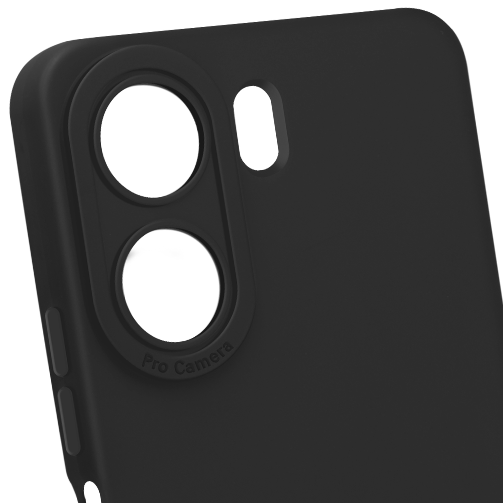 Zwarte telefoonhoes met camera-uitsparingen. Witte achtergrond.