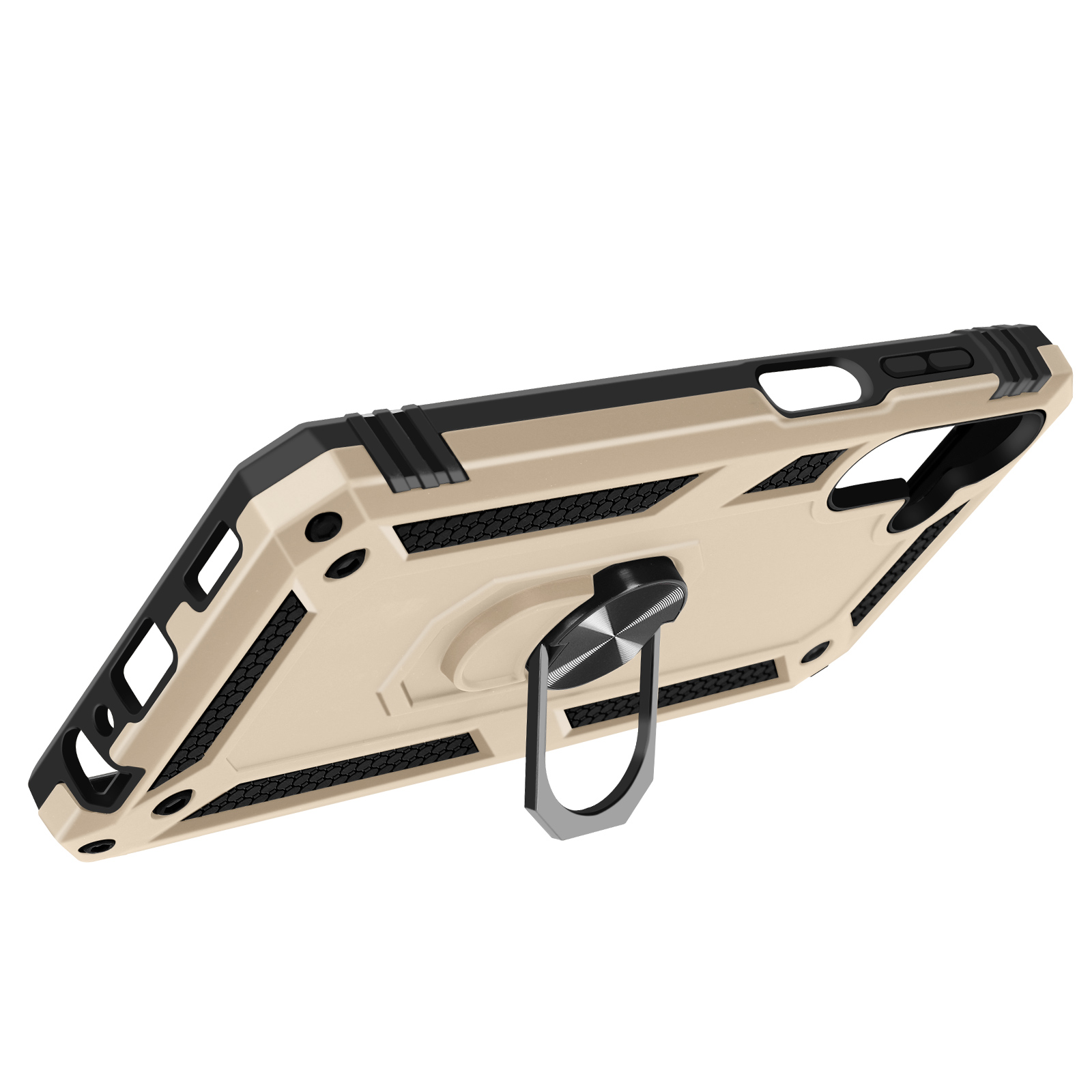 Custodia per telefono beige con anello di supporto. Design nero e beige, prospettiva angolata.