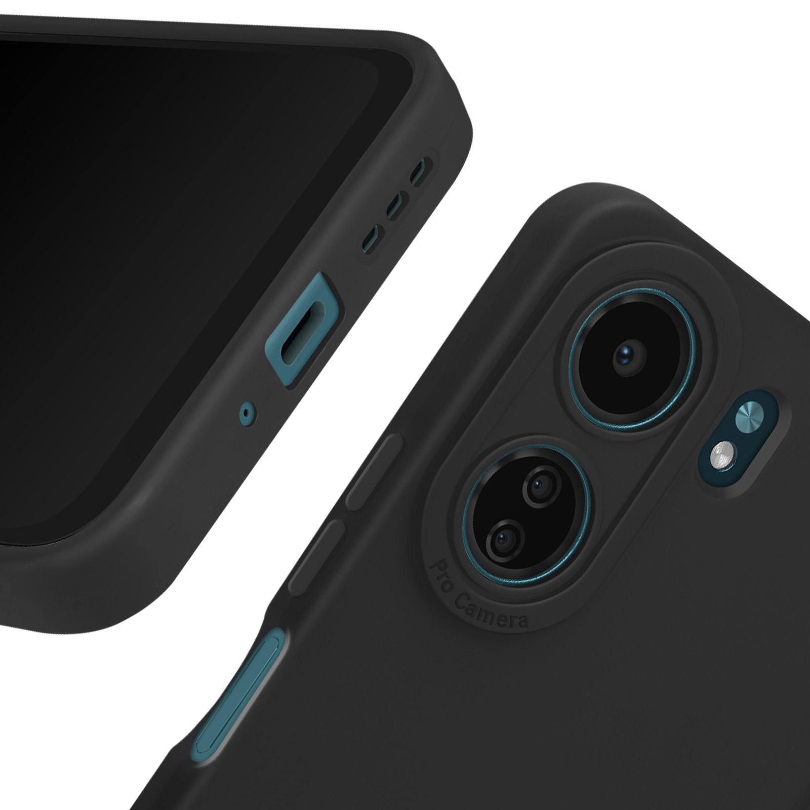 Zwart telefoonhoesje met uitsparingen. Beschikt over een camera en zijknoppen. De hoes zegt 'Pro Camera'.