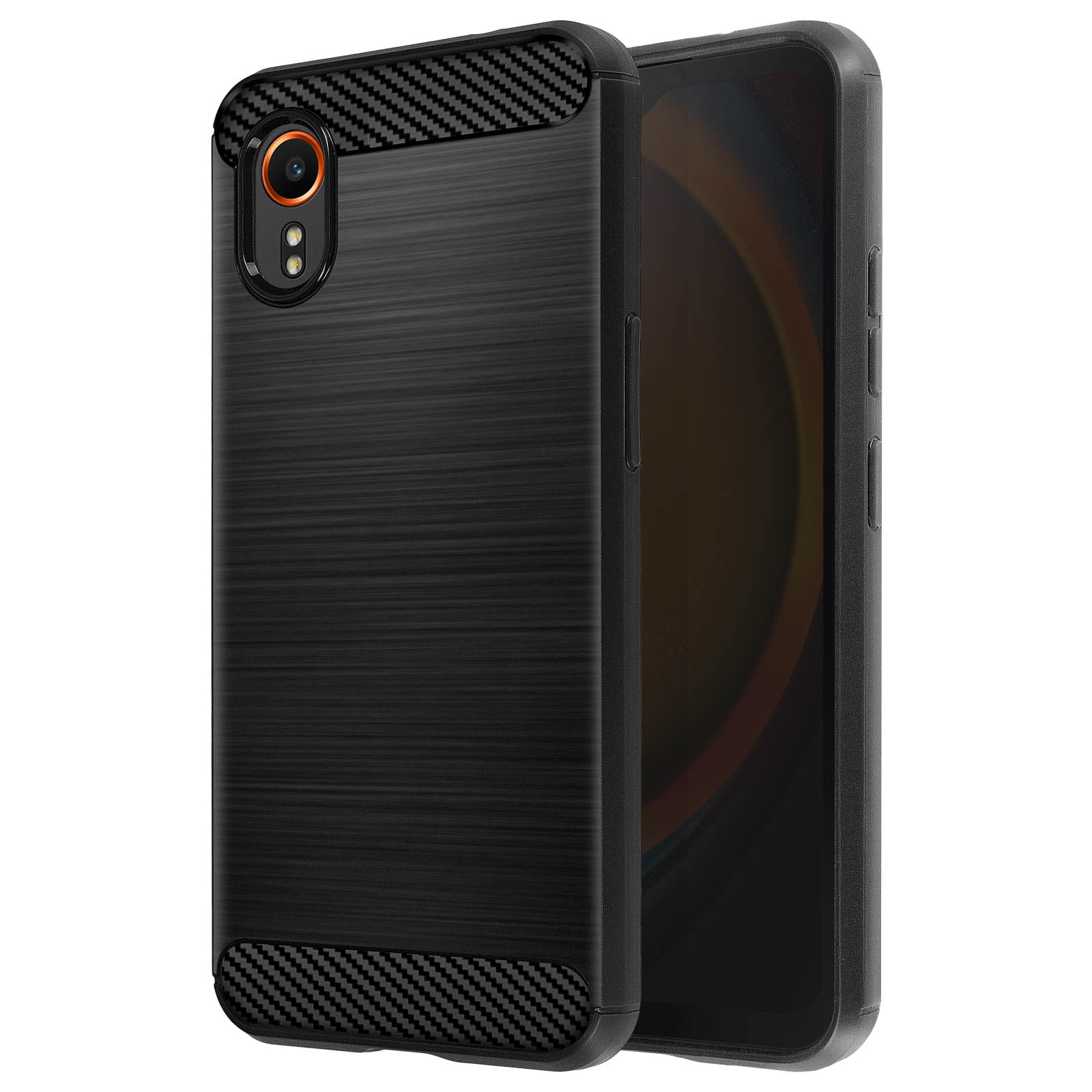 Schwarze Handyhülle mit Karbonfaserakzenten und orangefarbenem Kameraring. Die Hülle befindet sich auf einem schwarzen Telefon.