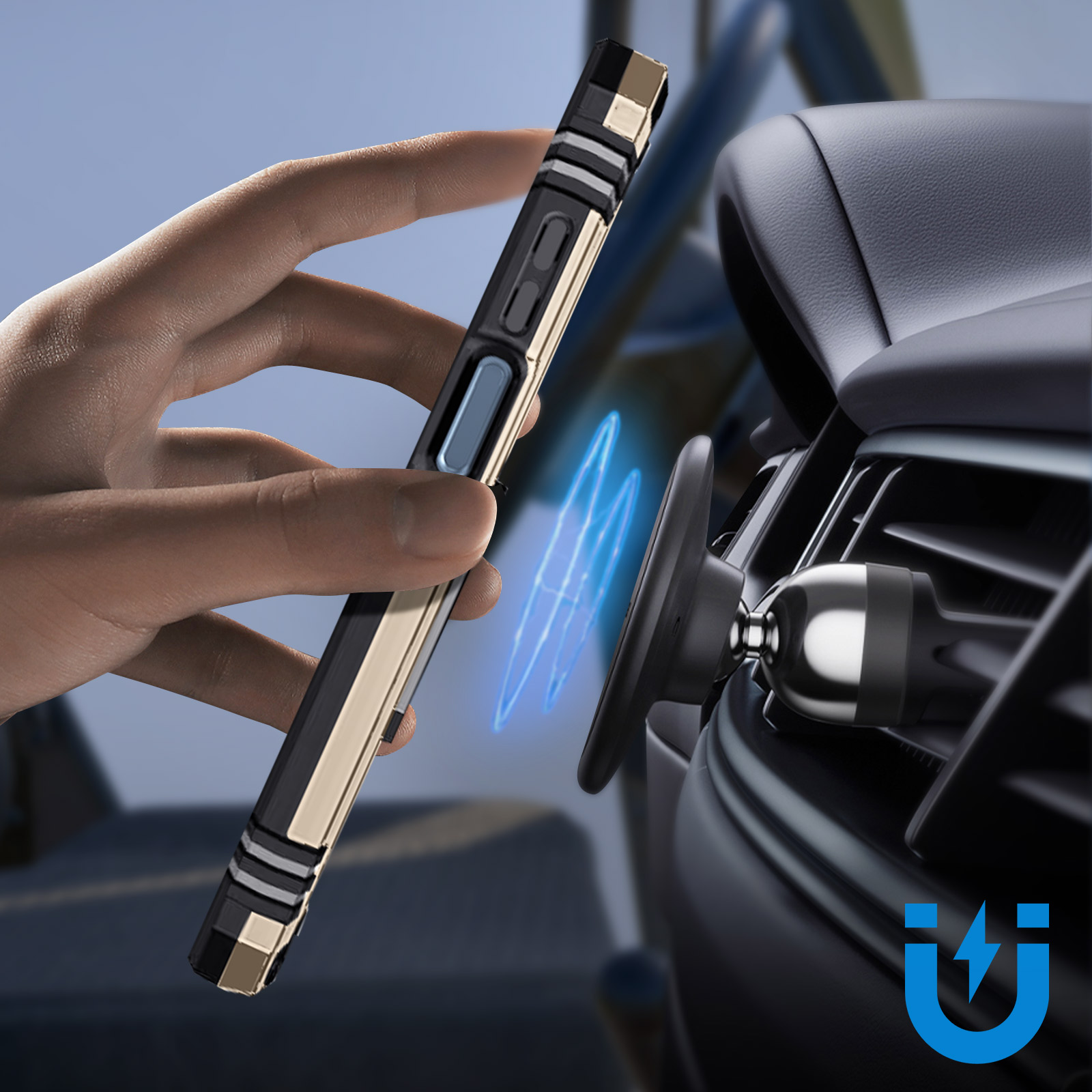 Una mano che tiene un telefono con una custodia color oro vicino a una presa d'aria dell'auto con un supporto magnetico.