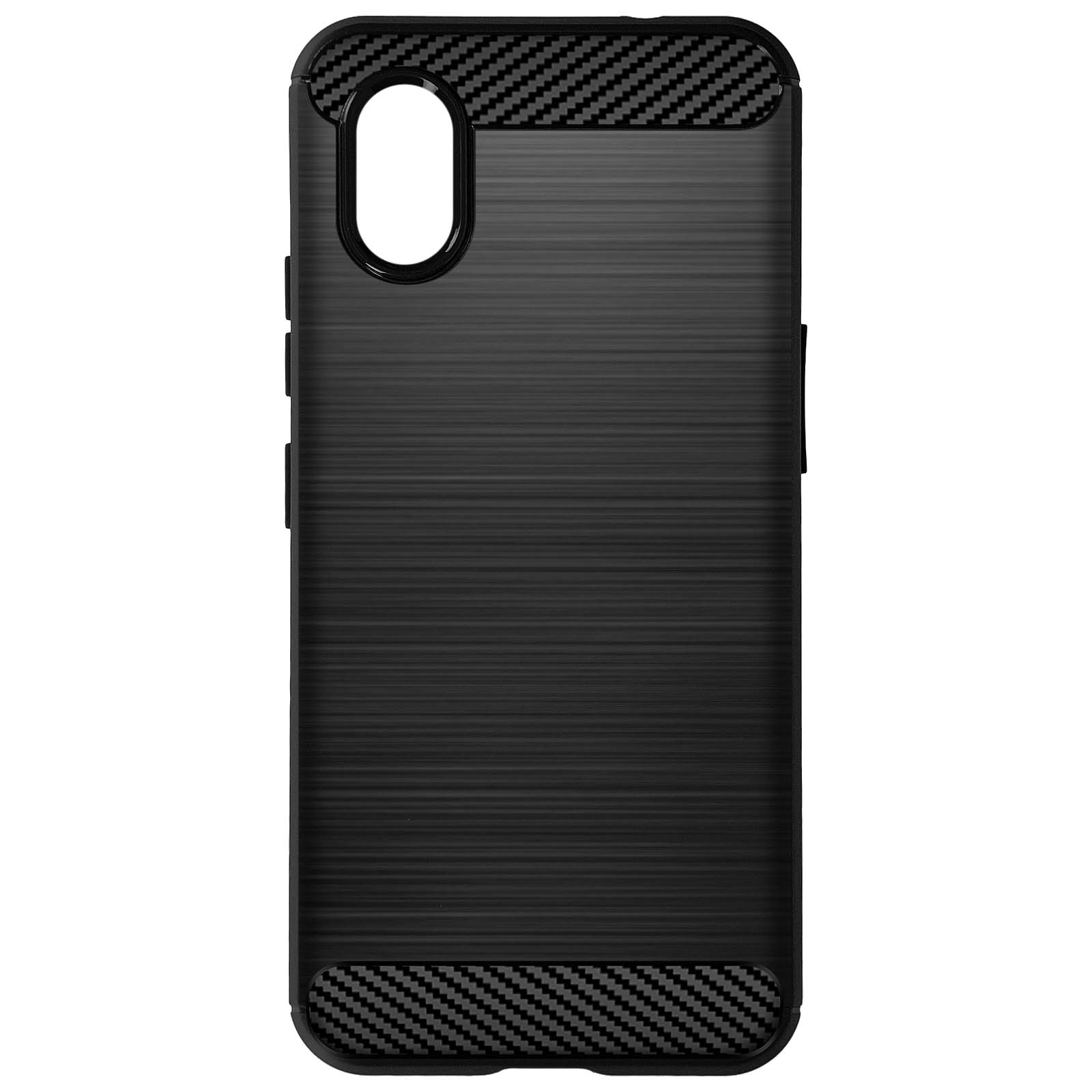 Schwarze Handyhülle mit Karbonfaser-Design. Weißer Hintergrund.