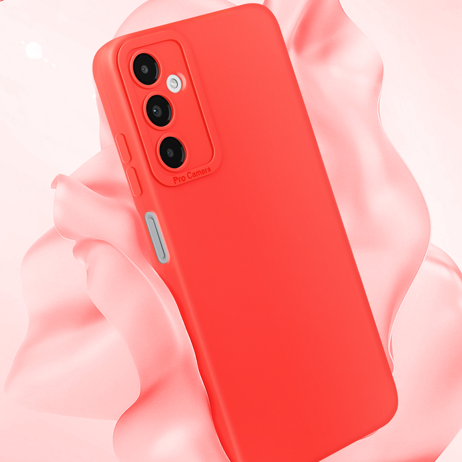 Custodia per telefono rossa con tre lenti. La custodia ha una finitura liscia e la scritta 'Pro Camera'.