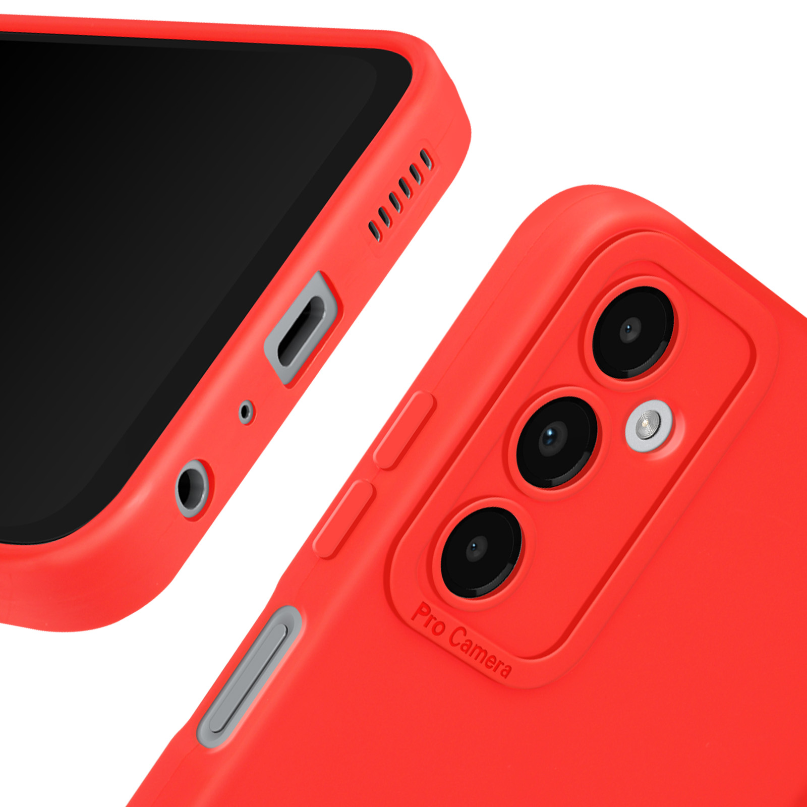 Una custodia per telefono rossa con fori per la fotocamera e i pulsanti. La custodia è luminosa e liscia.