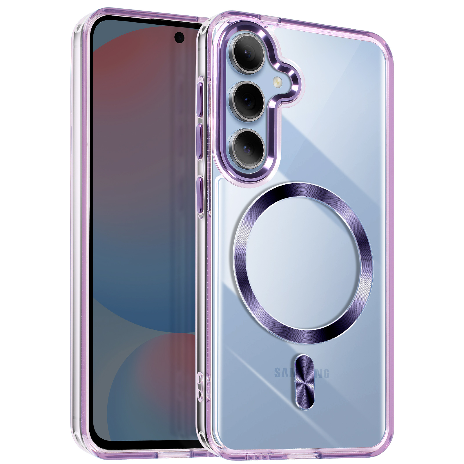 Custodia trasparente e viola con anello di supporto e foro per la fotocamera. Sfondo bianco.