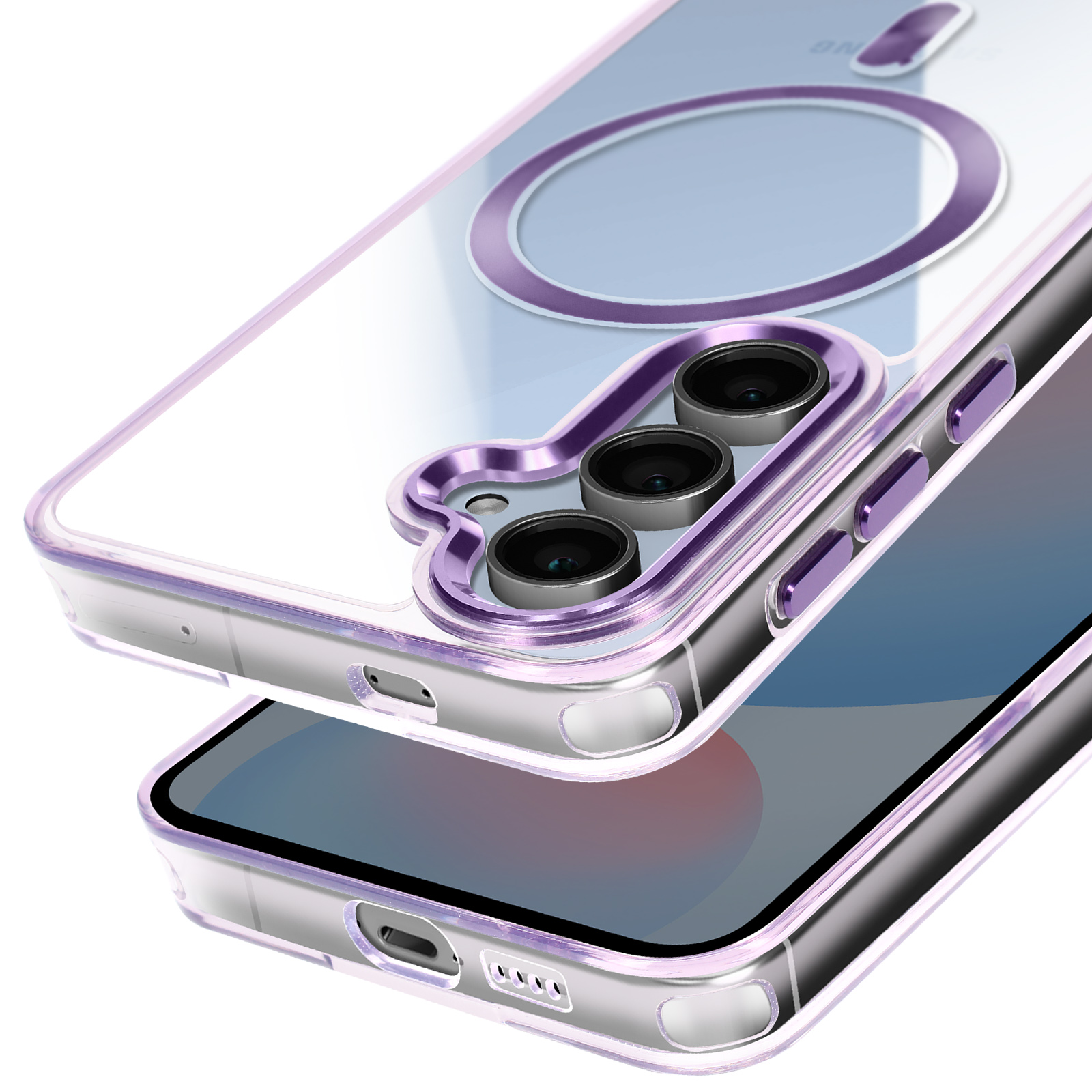Custodia trasparente con cornice viola e protezione fotocamera. Schermo del telefono visibile. Sfondo bianco.