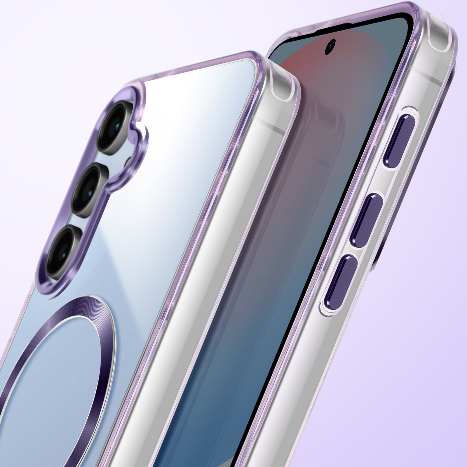 Custodia per telefono. Trasparente con tre lenti della fotocamera. Bordo viola con supporto ad anello.