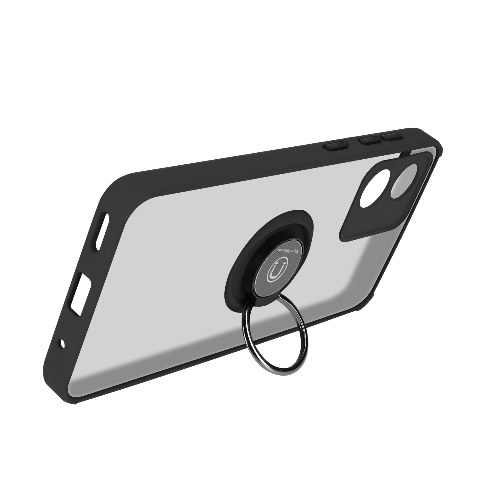 Schwarze Handyhülle mit Ringhalter, über einem Telefon. Der Ring ist silberfarben.