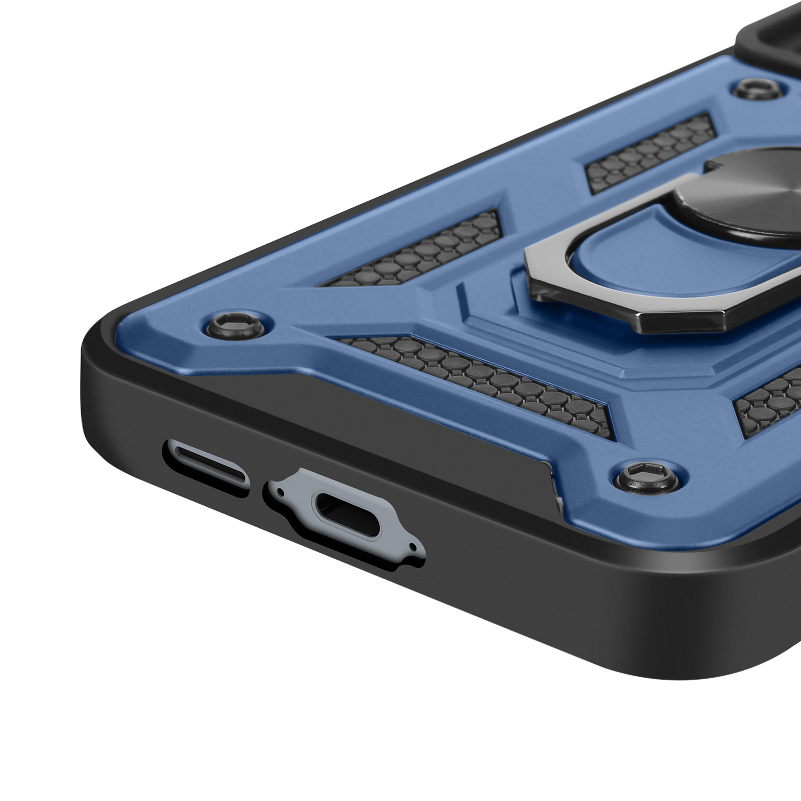 Primo piano di una custodia per telefono blu con accenti neri, che mostra una porta e fori per altoparlanti.