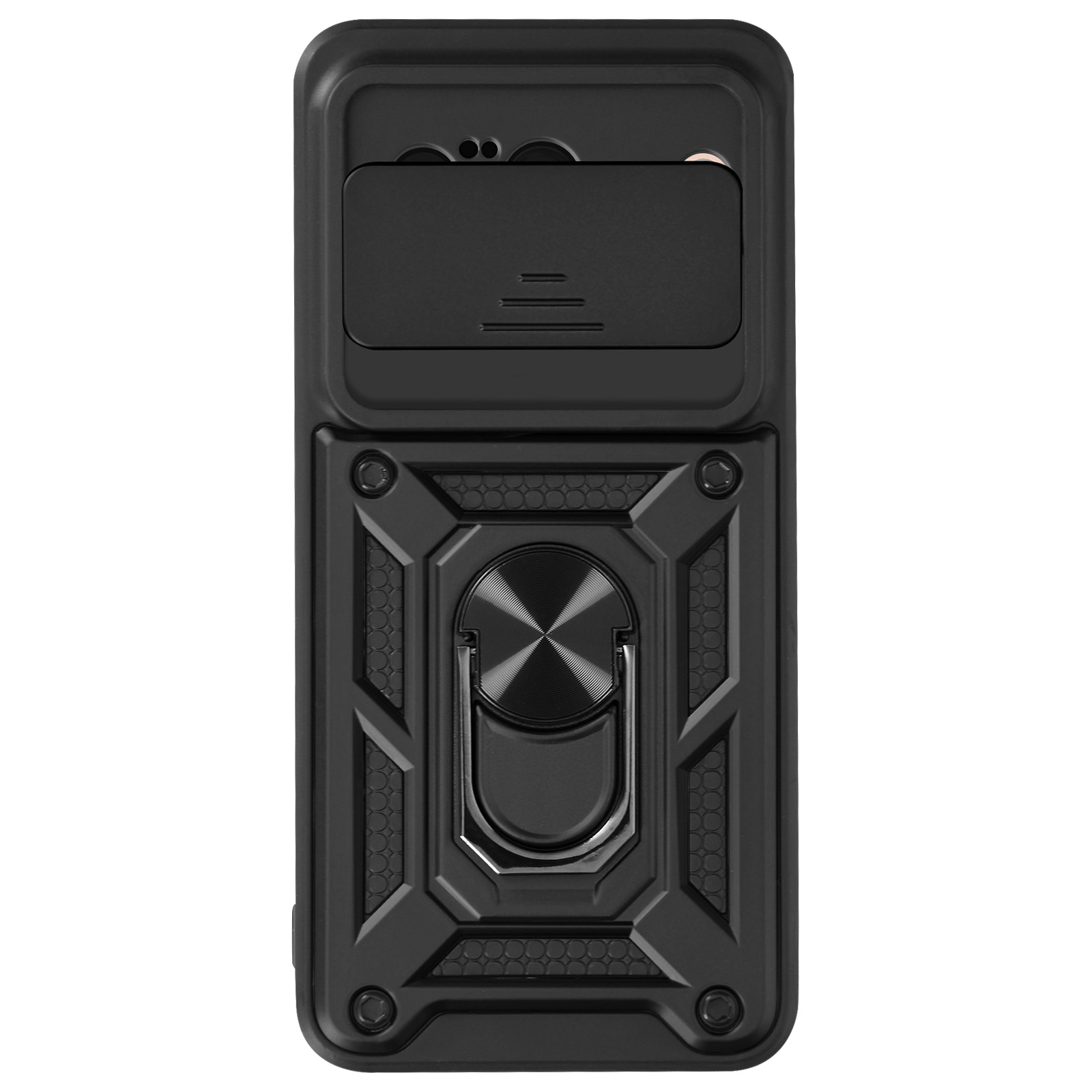 Custodia nera per telefono con copertura scorrevole per fotocamera e supporto ad anello. La custodia è nera.