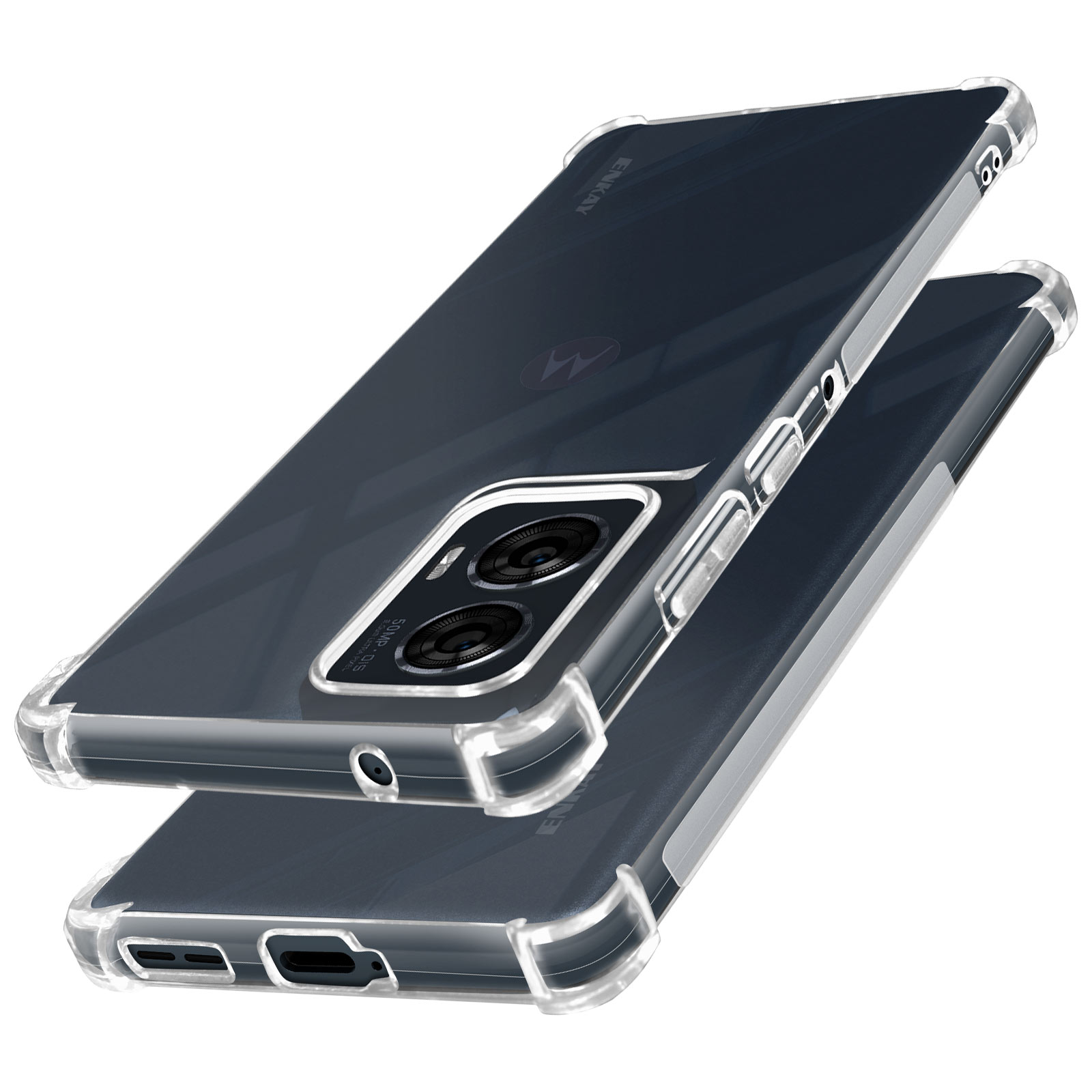 Due custodie trasparenti per telefono impilate l'una sull'altra. Le custodie hanno un design trasparente.