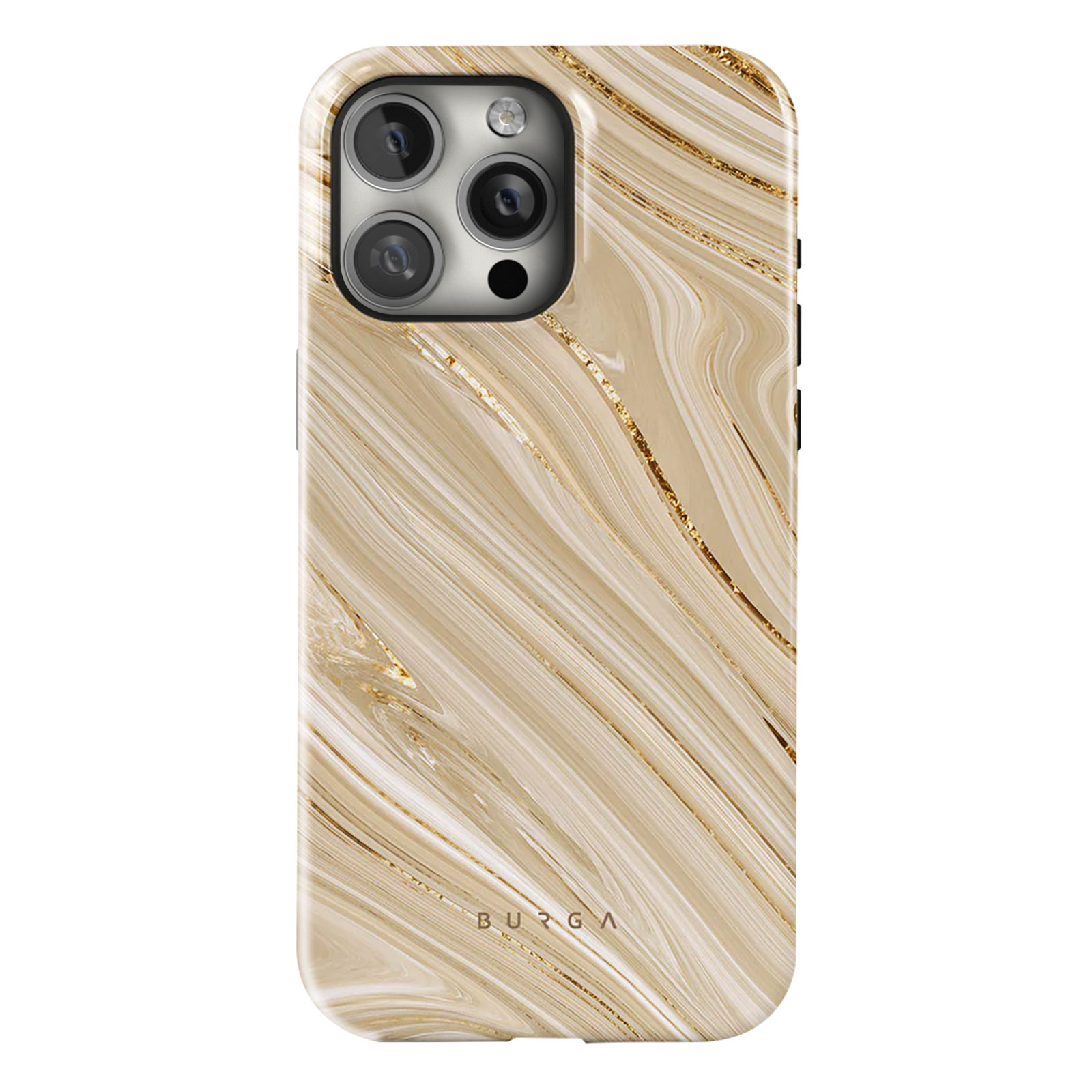 Coque de téléphone avec un motif marbré, beige et doré. Le nom de la marque 'BURGA' est visible.