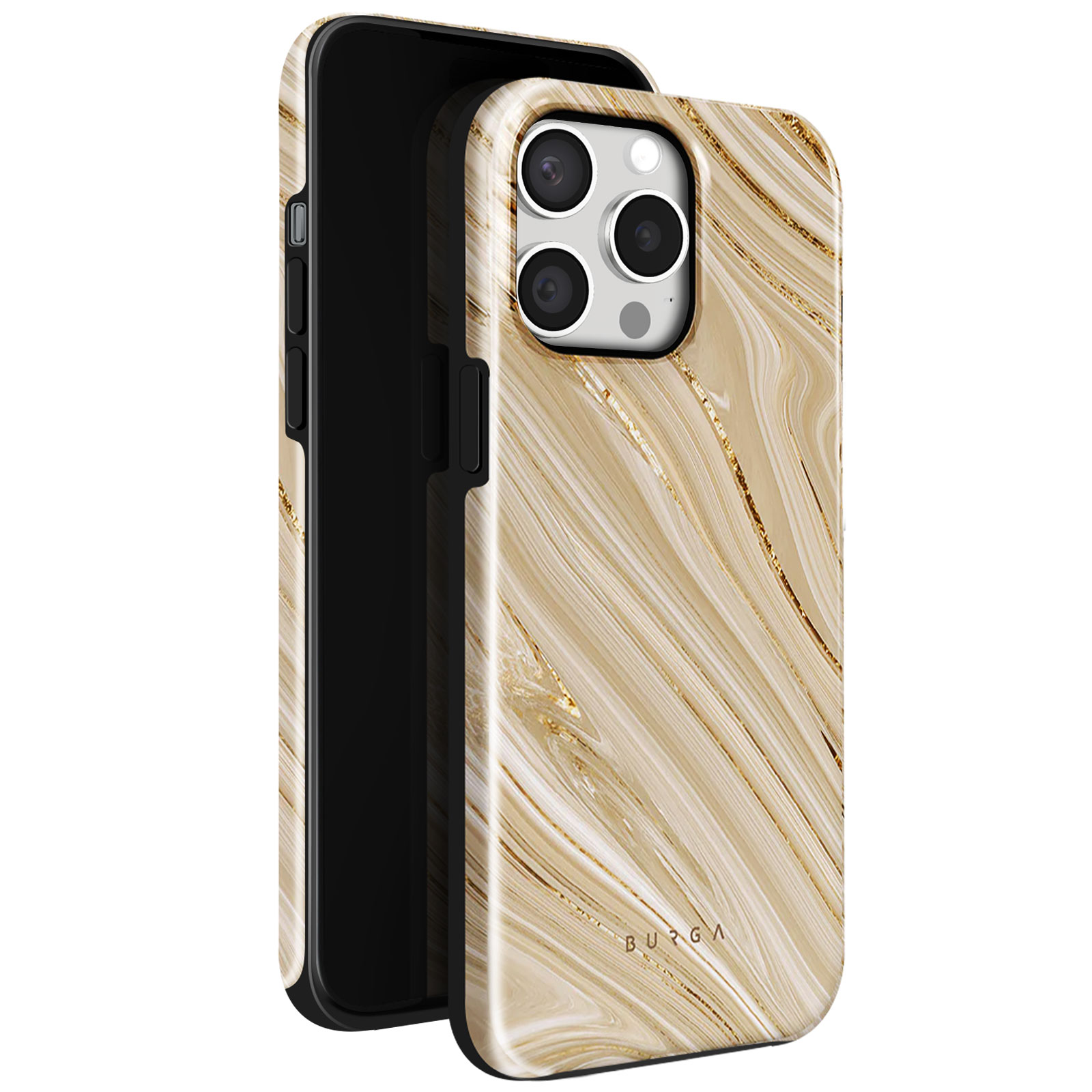 Coque de téléphone avec motif marbré. Couleurs beige et or. Téléphone à gauche, intérieur noir. Logo BURGA.