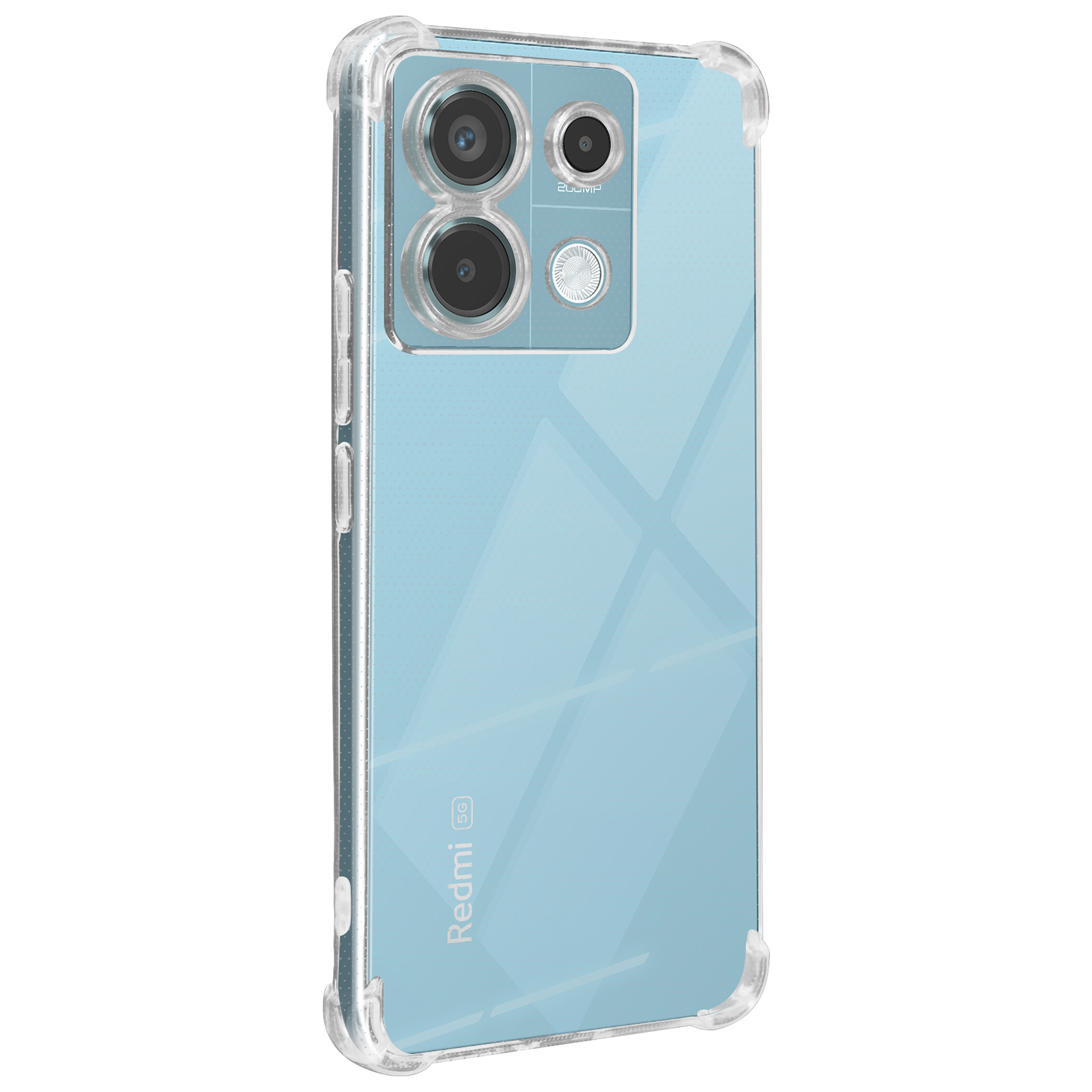 Telefono blu in una custodia trasparente. Ha due fotocamere.