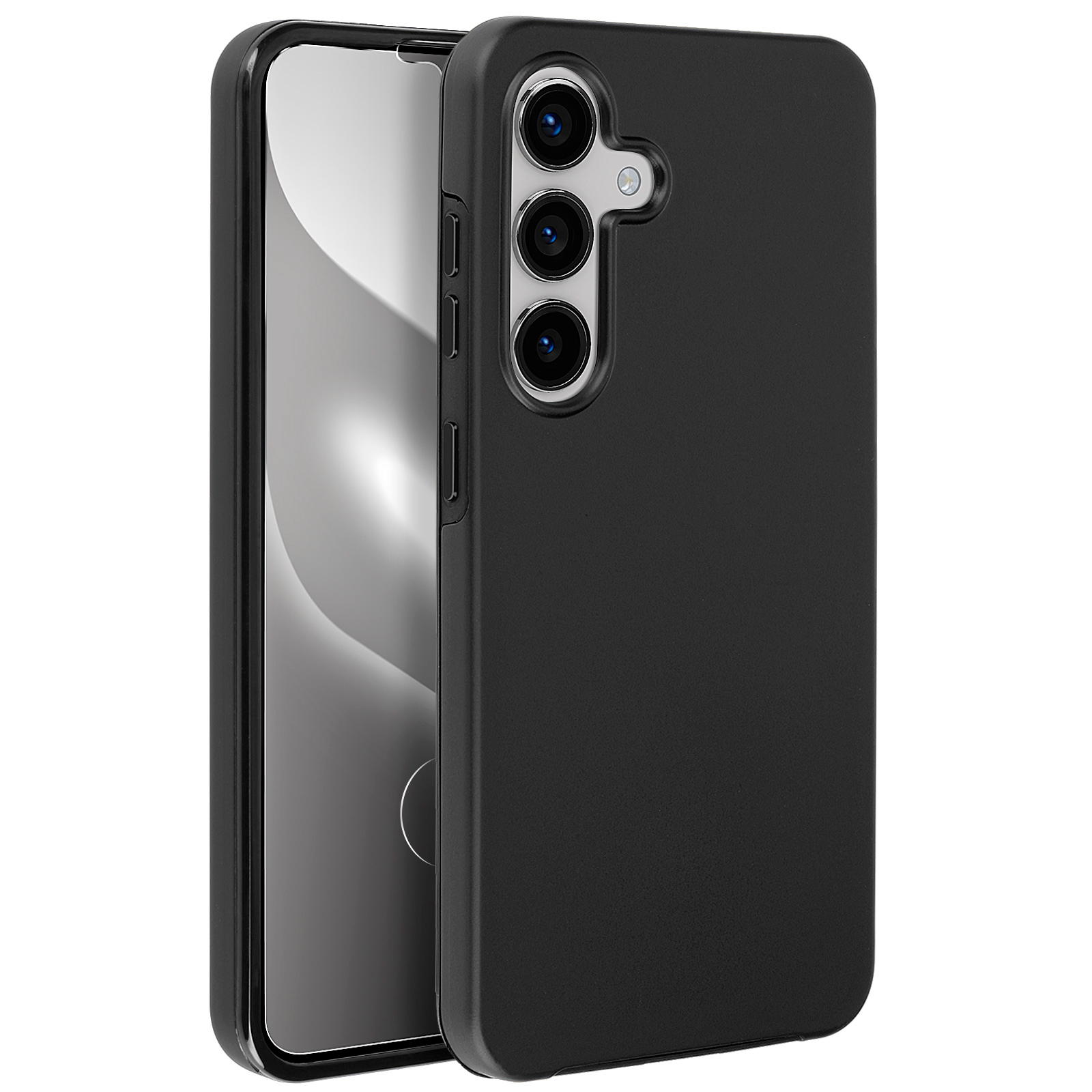 Una custodia per telefono nera con il telefono all'interno. Il telefono ha tre fotocamere. Lo sfondo è bianco.
