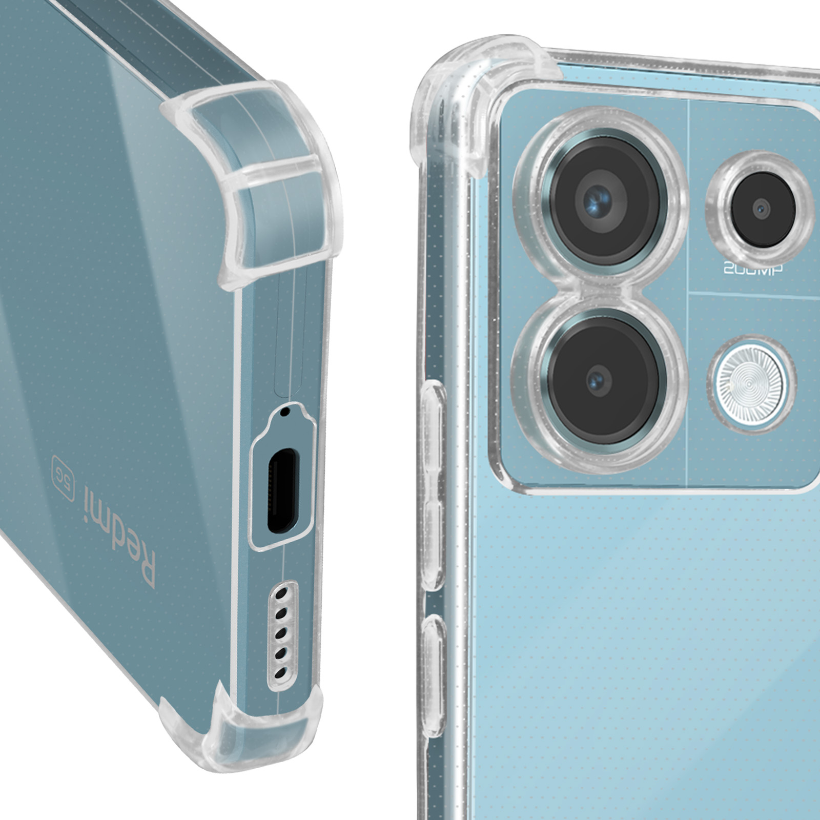 Una custodia trasparente con retro blu e fori per la fotocamera. La custodia ha un design trasparente.