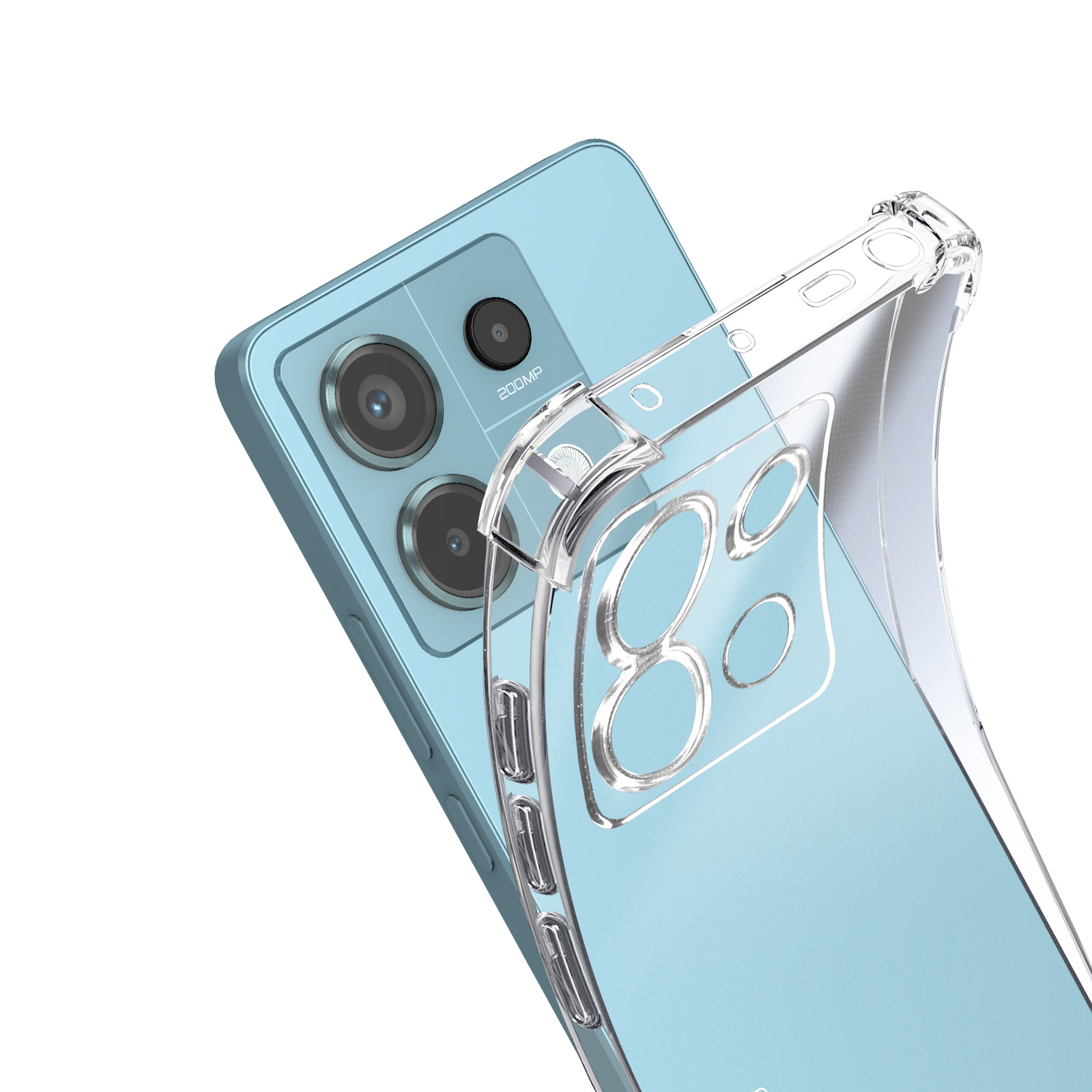 Telefono con una custodia protettiva trasparente. Il telefono è azzurro con due fotocamere.