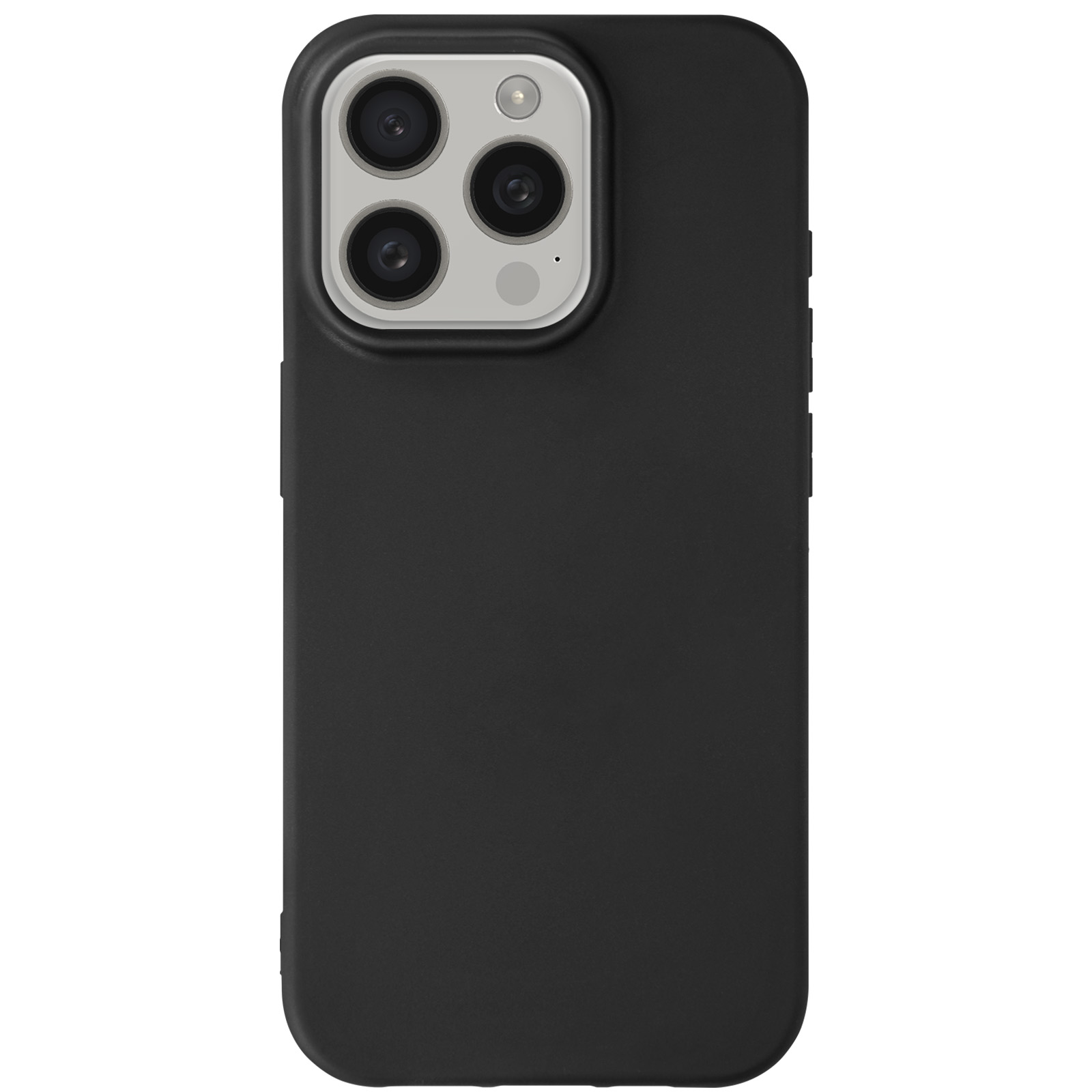 Custodia nera per telefono con tre lenti della fotocamera. È un design semplice e solido.