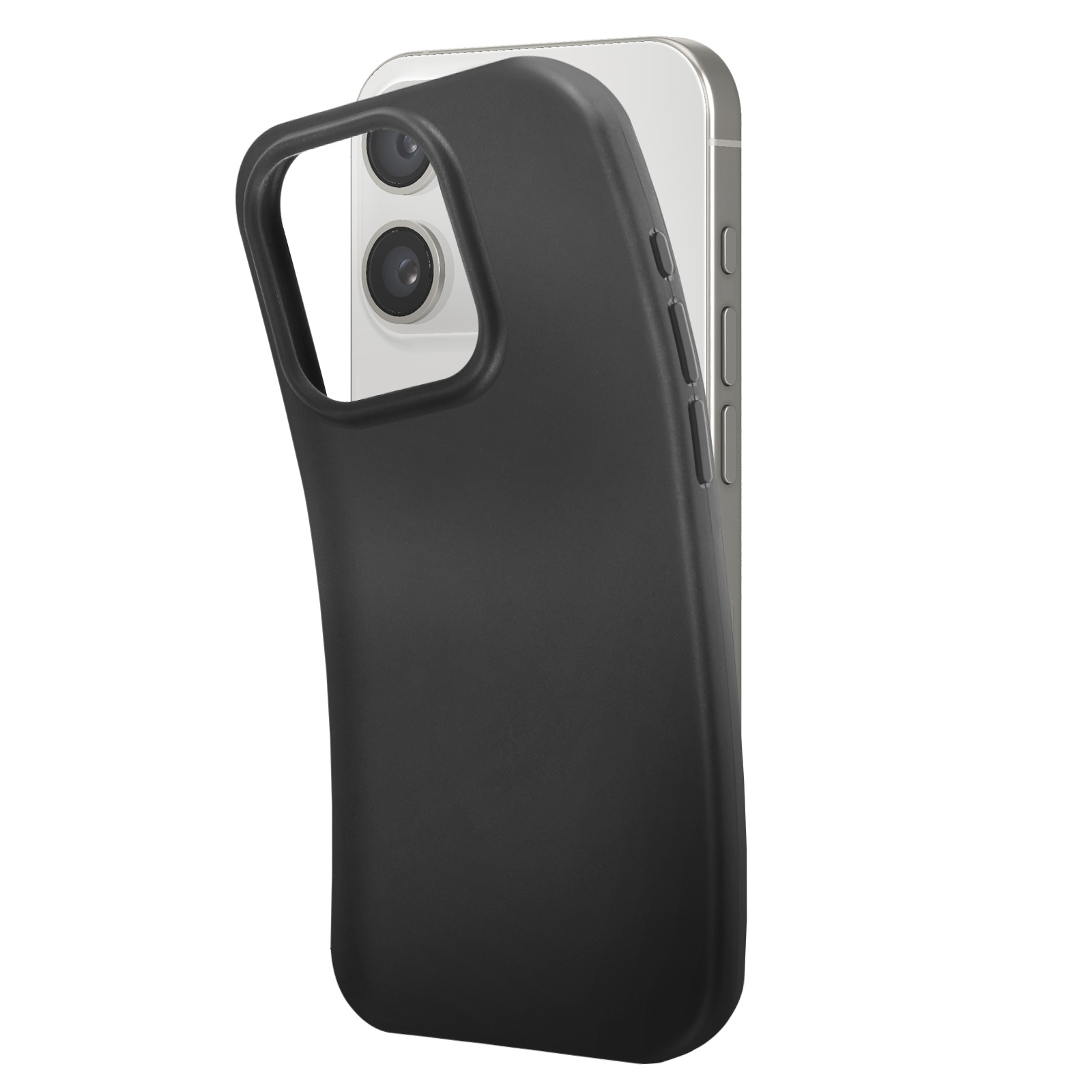 Custodia nera che copre parzialmente un telefono argentato, mostrando la fotocamera e i pulsanti.