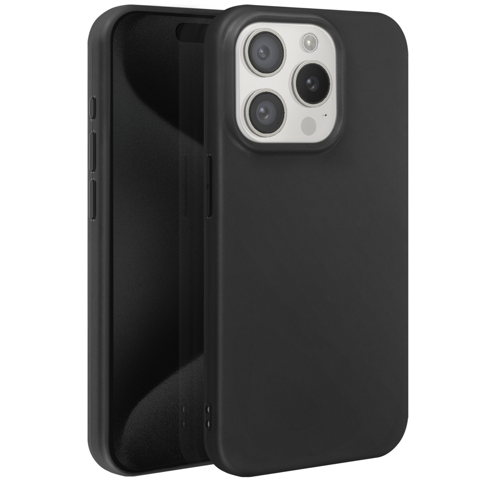 Una custodia nera per telefono con un'area fotocamera e un telefono nero. Il telefono è rivolto a destra.