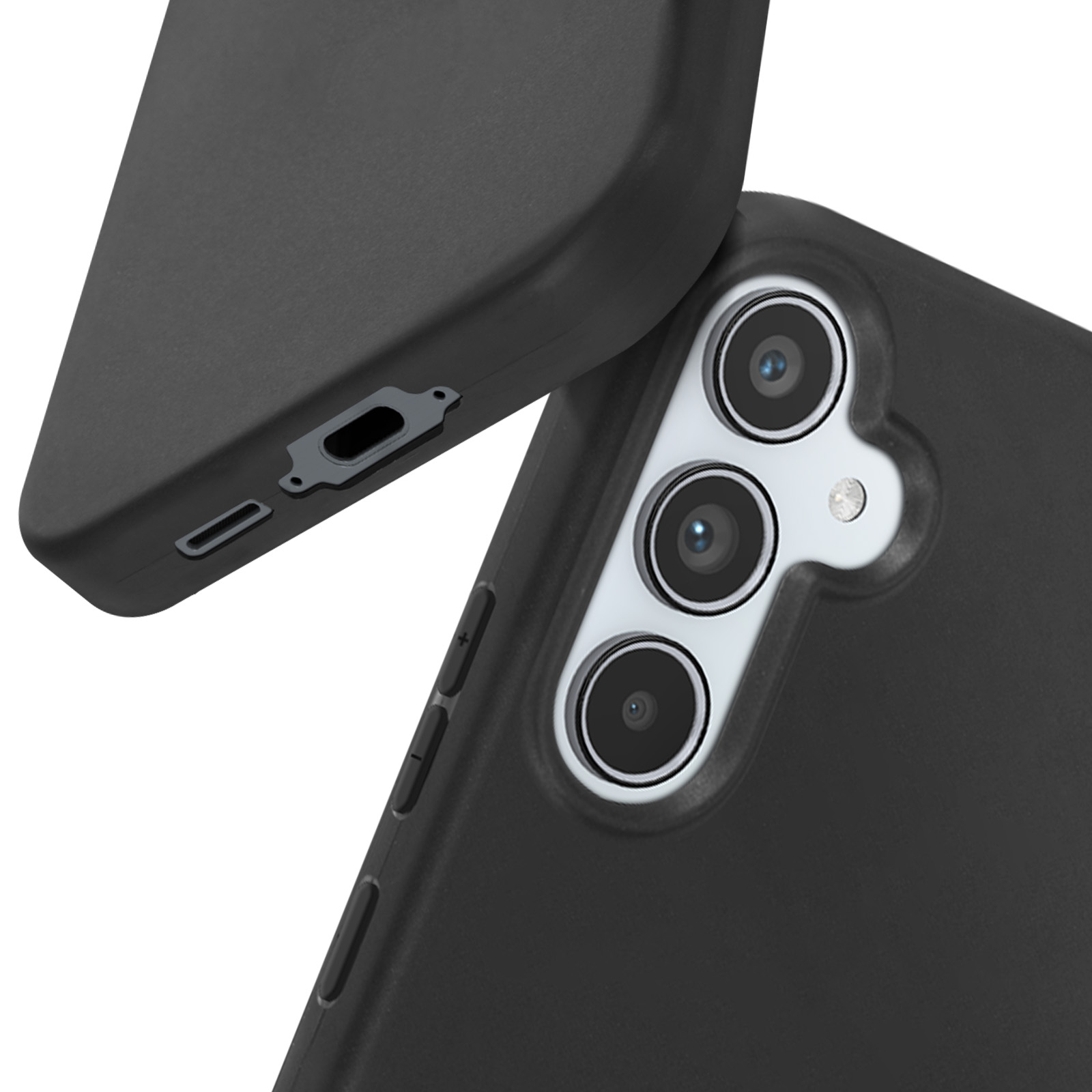 Primo piano di un telefono nero e di una custodia nera. Il telefono ha un modulo fotocamera.