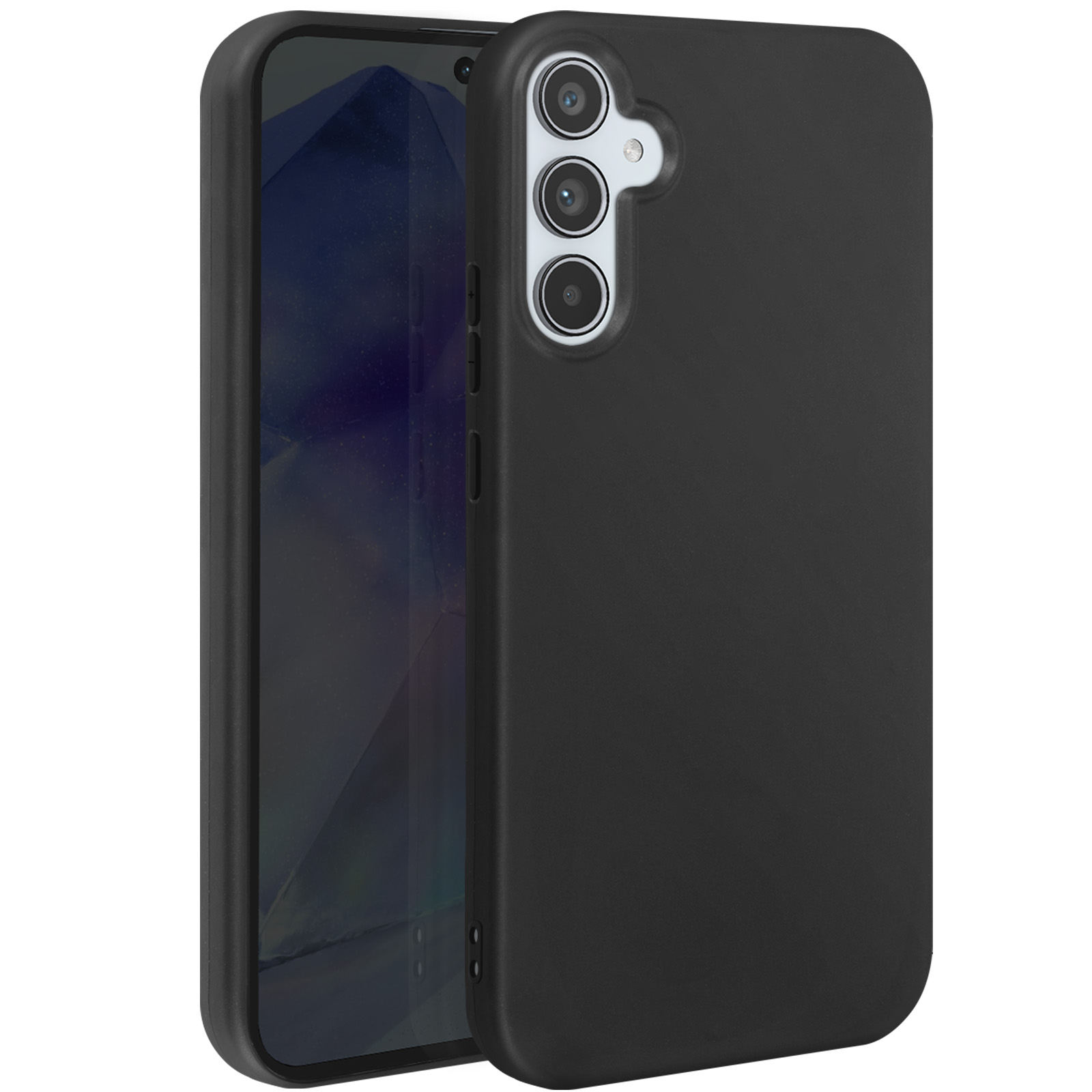 Custodia nera con tre lenti della fotocamera. Il telefono è dentro la custodia.