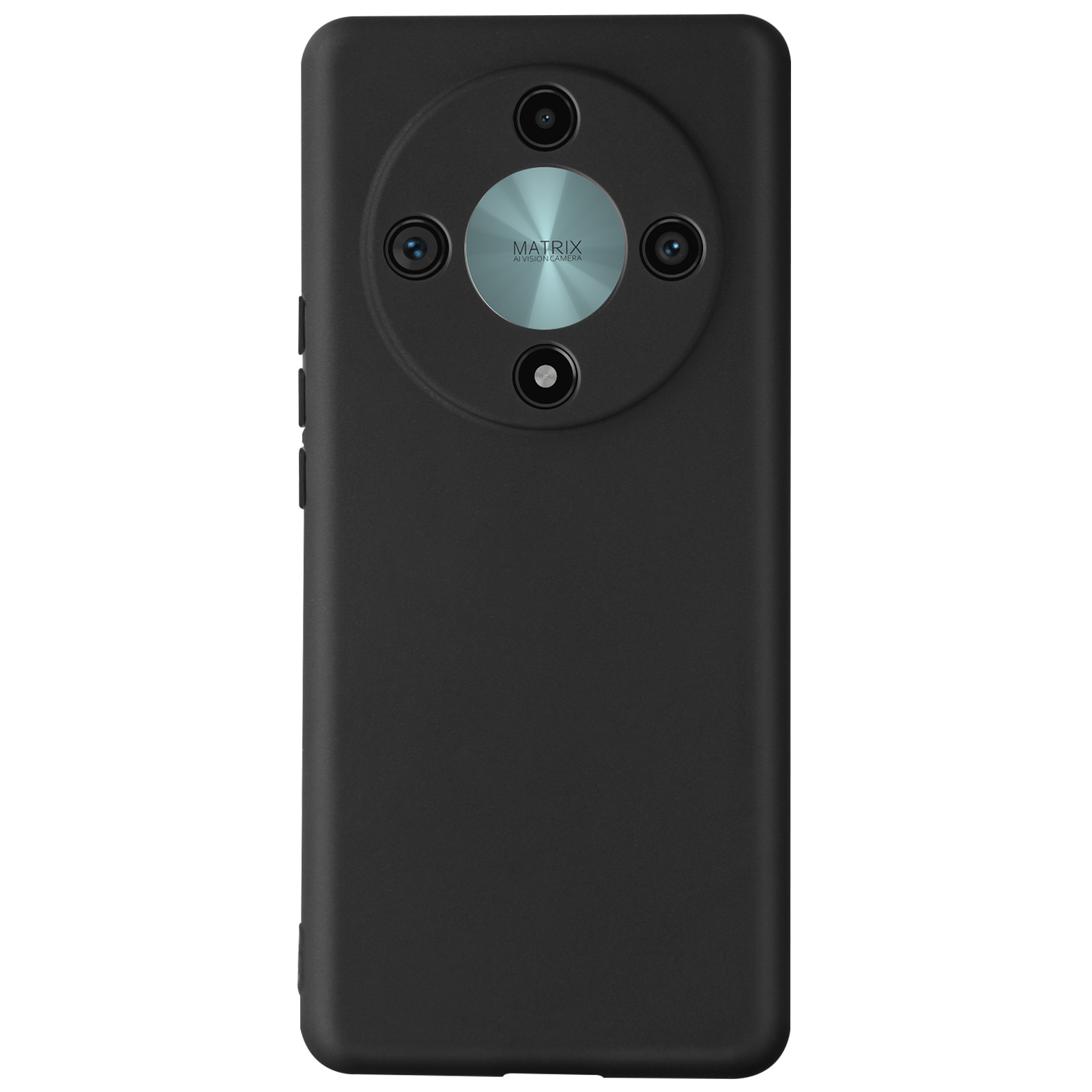 Custodia per telefono nera con modulo fotocamera. Include il marchio Matrix. Vista posteriore.
