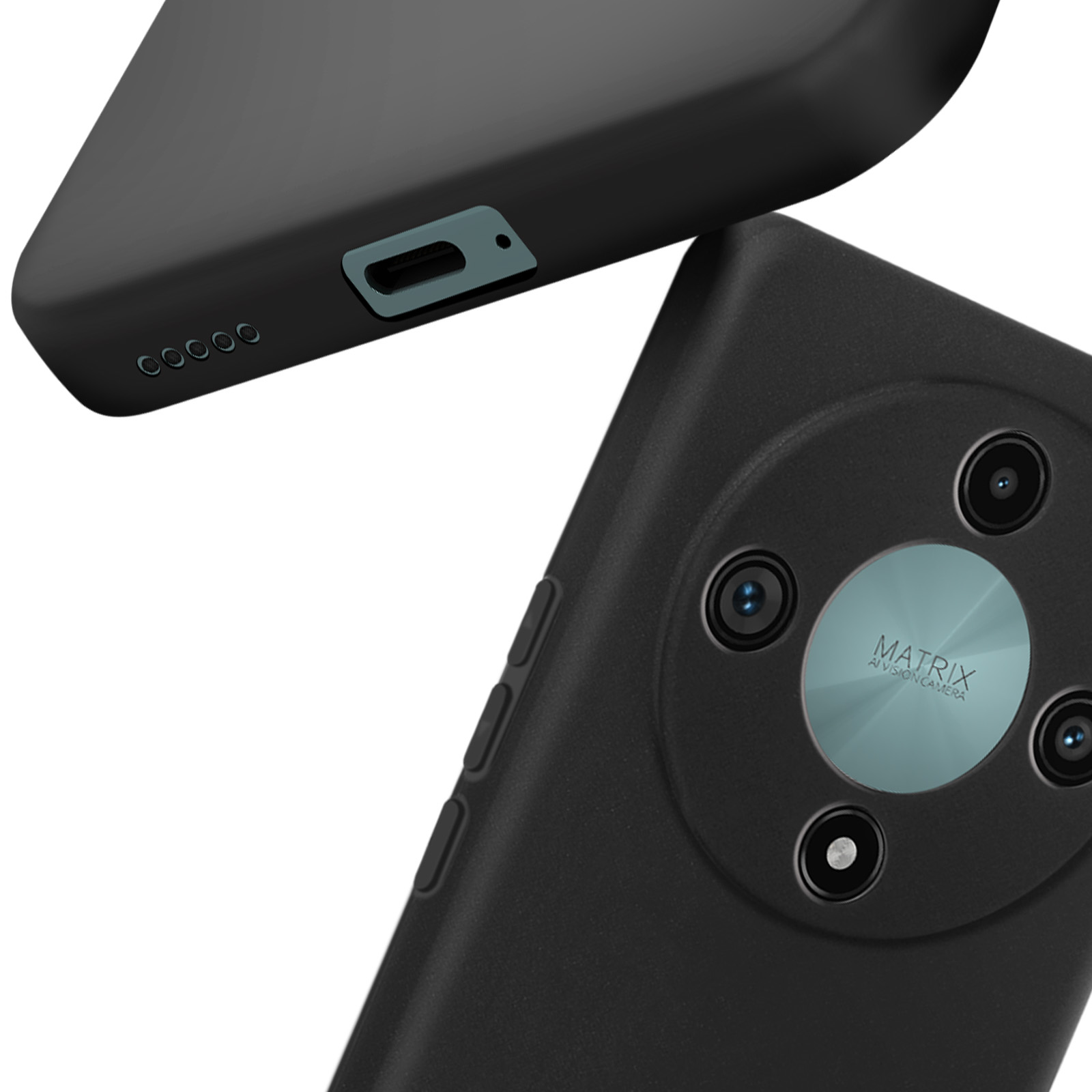 Una custodia nera per telefono con dettagli della fotocamera. Un'altra custodia è sopra.