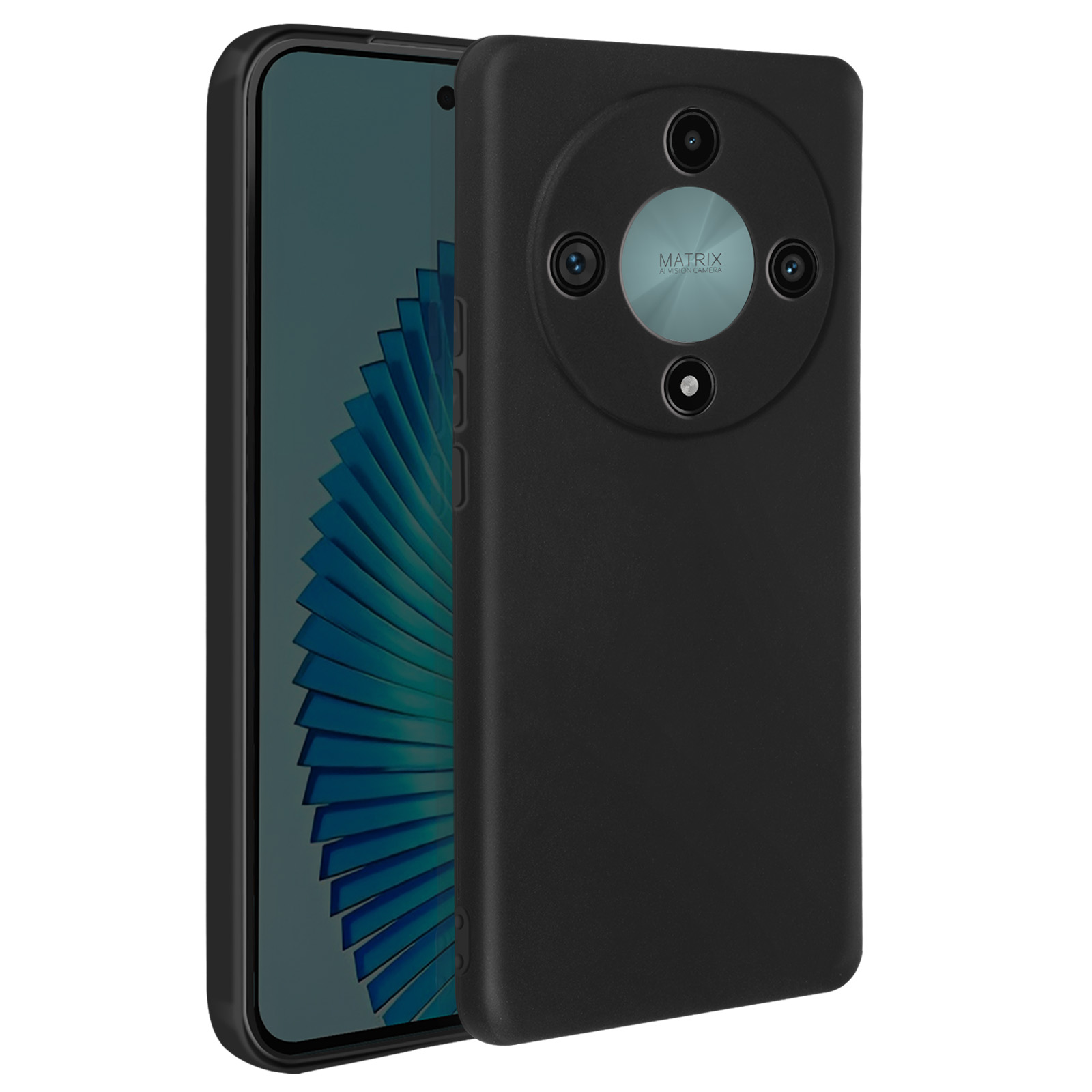 Telefono nero in una custodia nera. La custodia ha un cerchio per la fotocamera. Il telefono ha un marchio sopra.