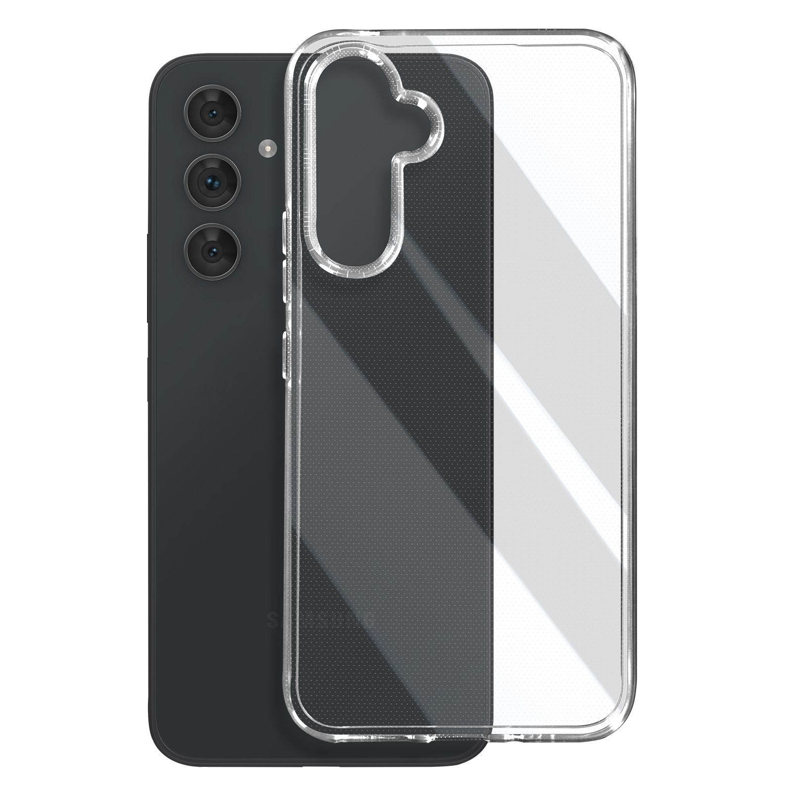 Telefono nero con custodia trasparente. Mostra fotocamera e design della custodia.