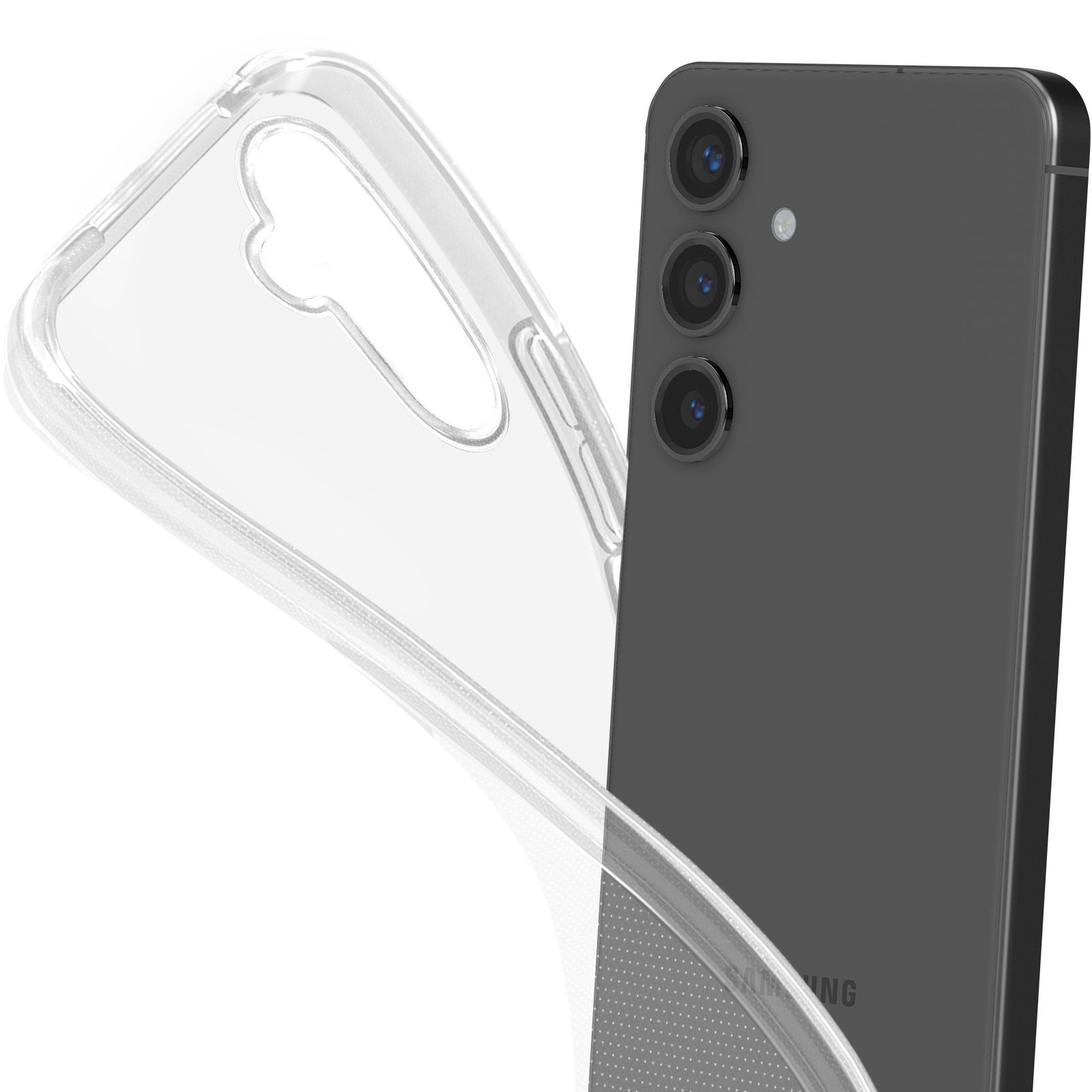Telefono e custodia trasparente, che mostrano la fotocamera e il design del telefono.