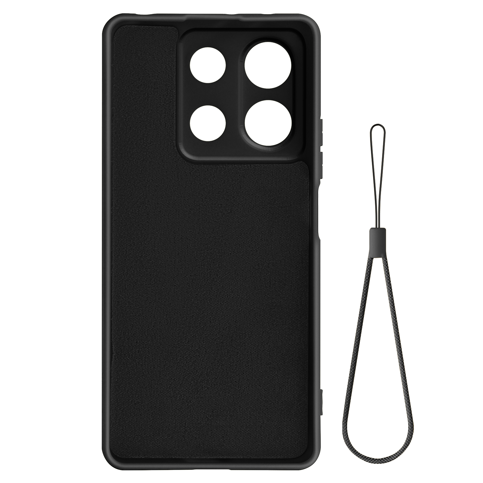 Custodia nera per telefono con ritaglio per fotocamera e cinturino da polso. Lo sfondo è bianco.