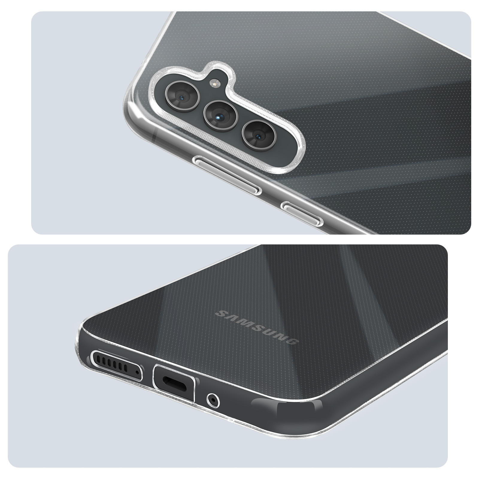 Primo piano di un telefono con custodia trasparente. Dettagli fotocamera e porte.