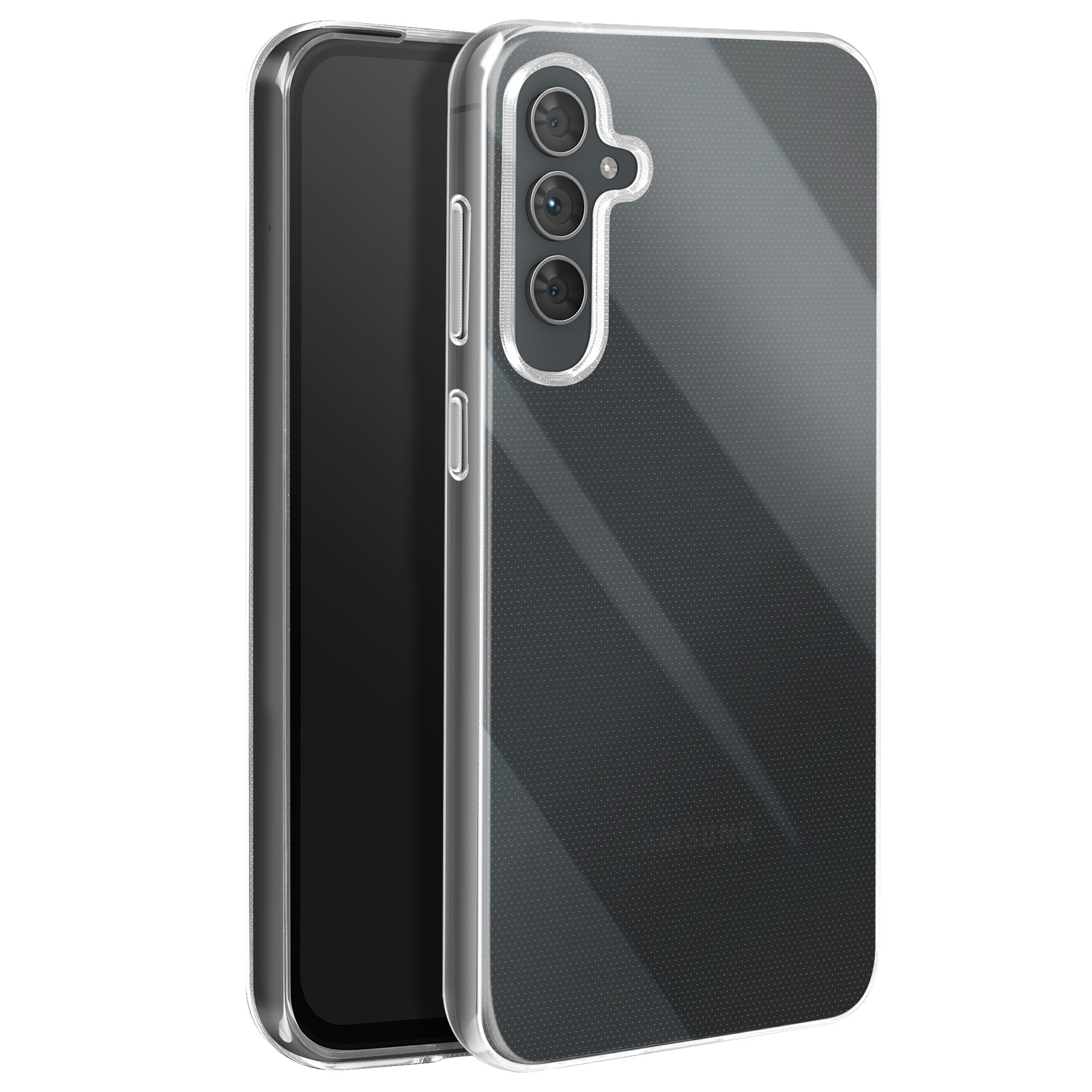 Custodia trasparente su un telefono nero. Tre fotocamere. Il retro del telefono è visibile.