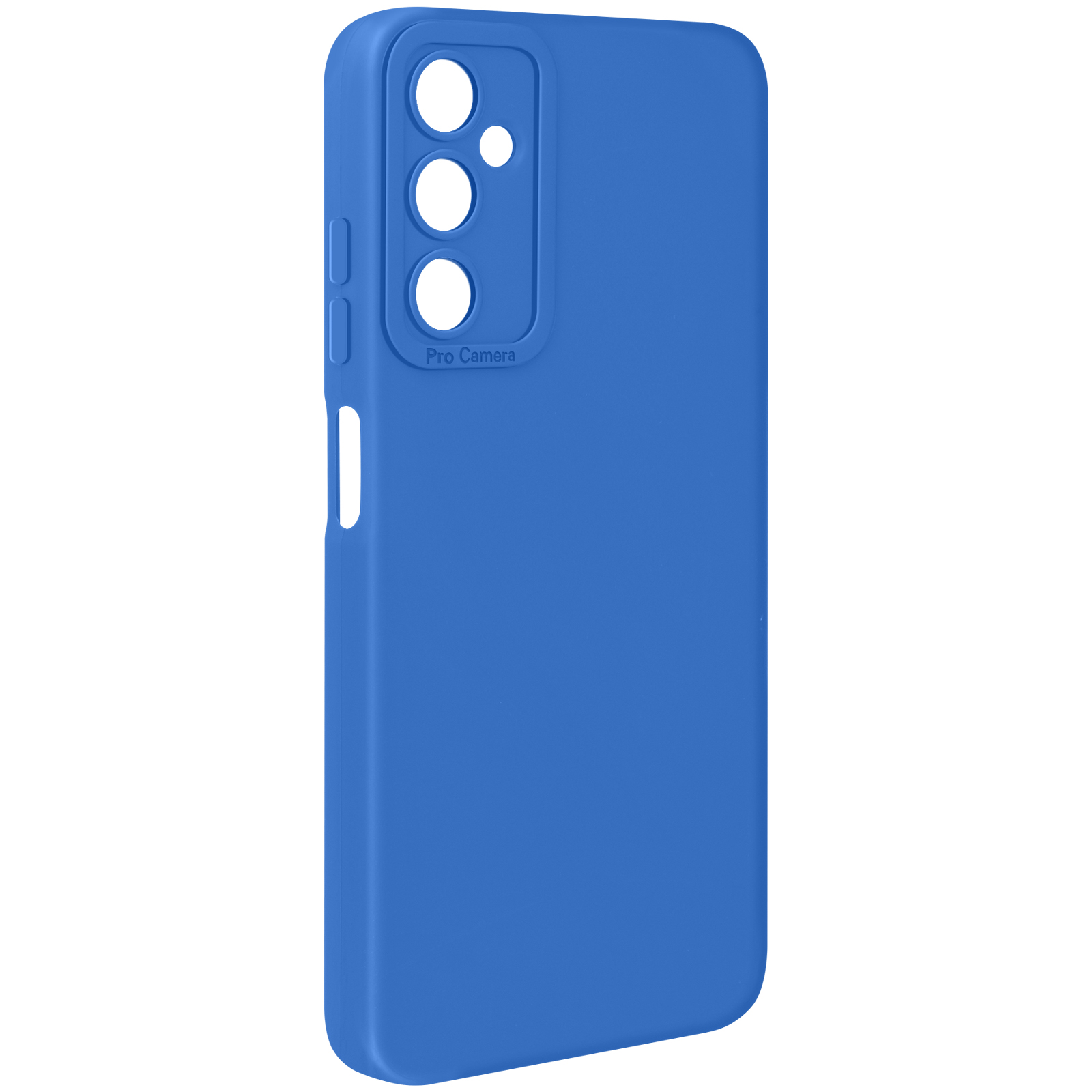 Een effen blauwe telefoonhoes met drie cameralenzen en zijknoppen. Strakke studio-opname.